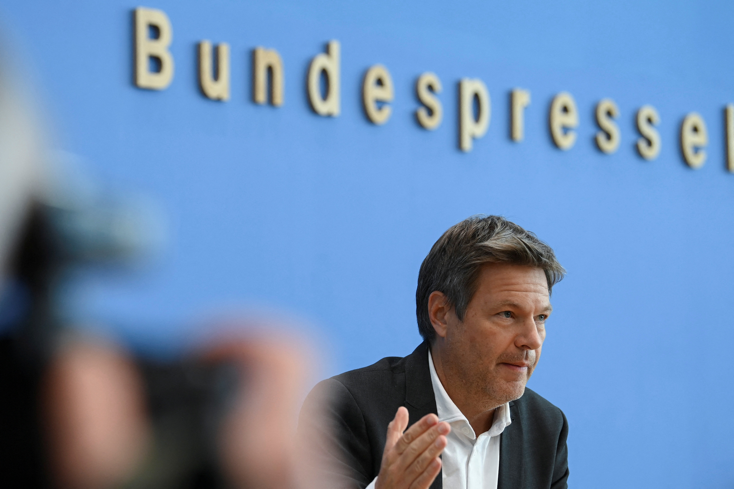 German Economy and Climate Minister Robert Habeck speaks at a news conference in Berlin on October 12.