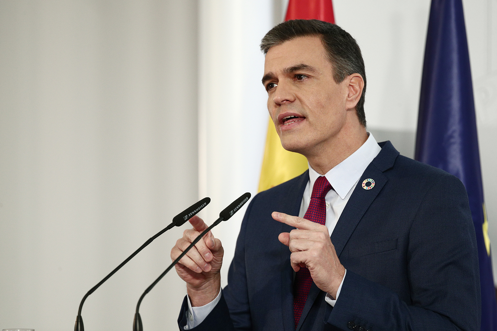 Spain's Prime Minister Pedro Sanchez speaks during a press conference in Madrid, on December 28.