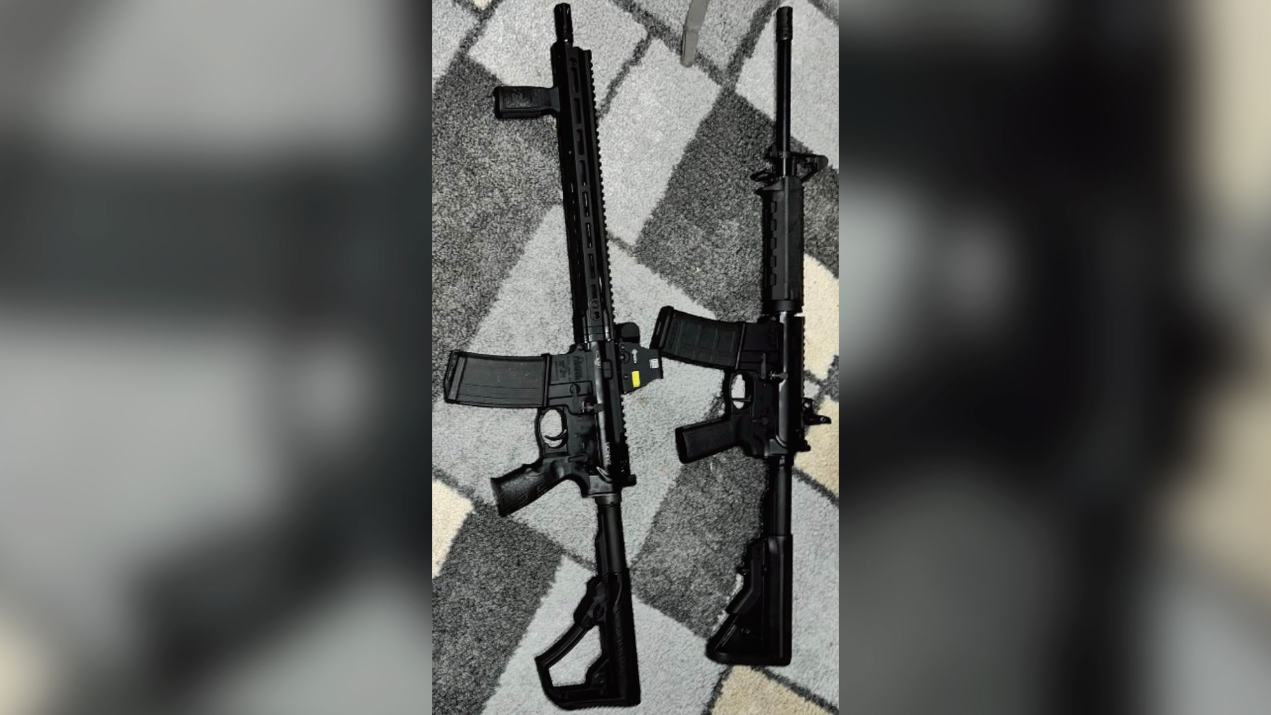 This photo released by the Texas House of Representatives Investigative Committee on the Robb Elementary Shooting, shows the gunman's rifles. The rifle on the left was used at Robb.