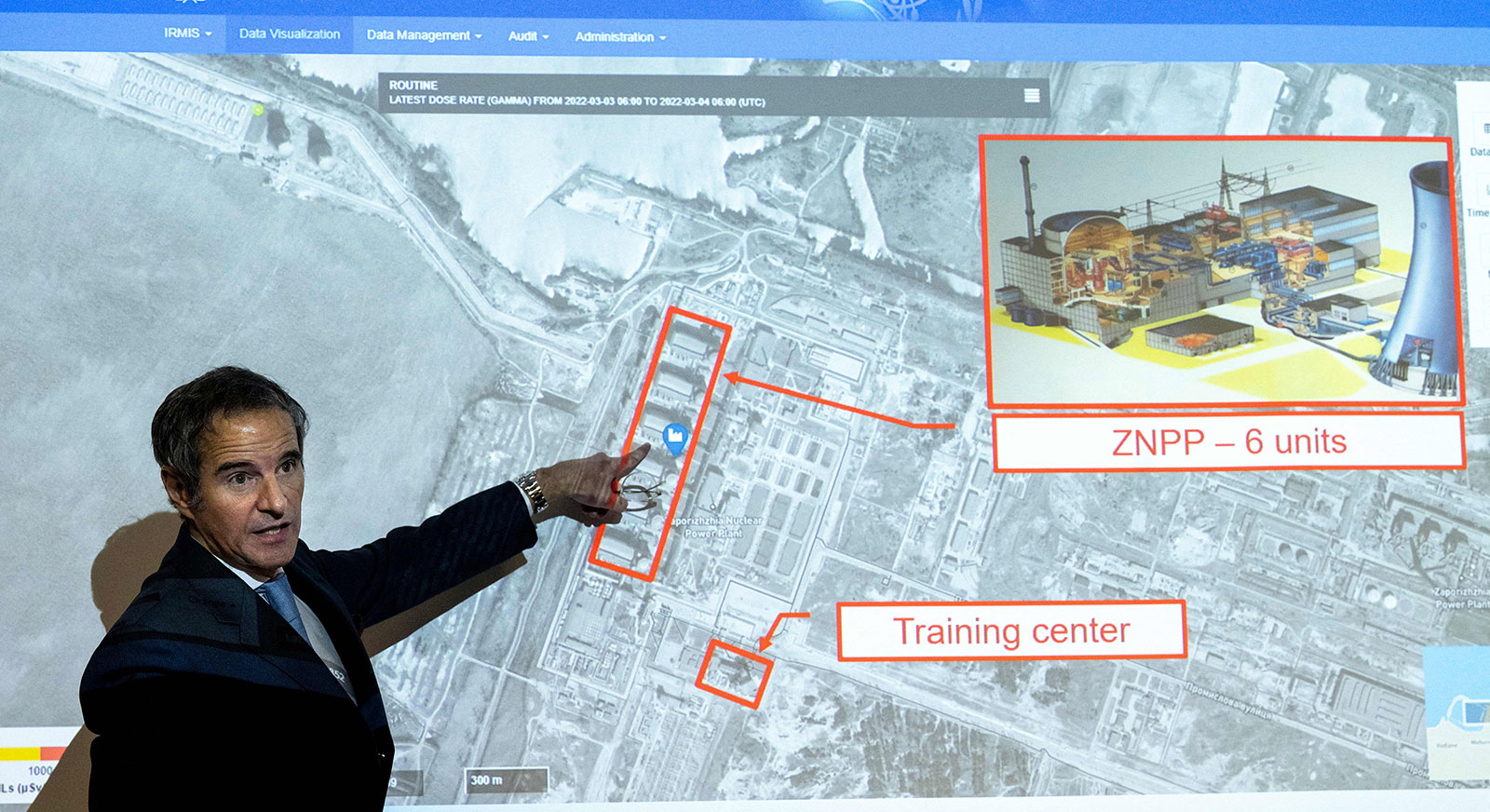 IAEA Director General Rafael Grossi points at a map of the Zaporizhzhia nuclear power plant during a press conference in Vienna, Austria, on March 4. 