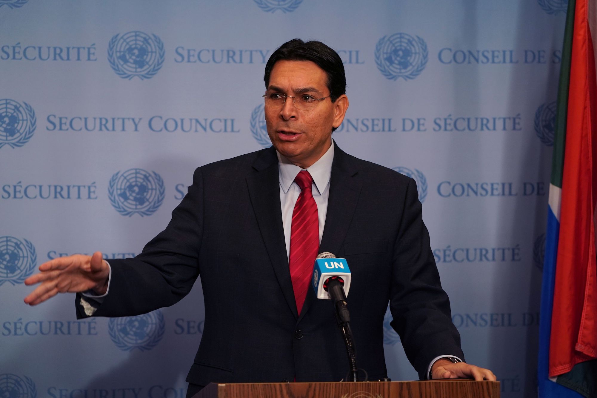 Danny Danon, speaks to the press at the UN Headquarters in New York on November 20, 2019.