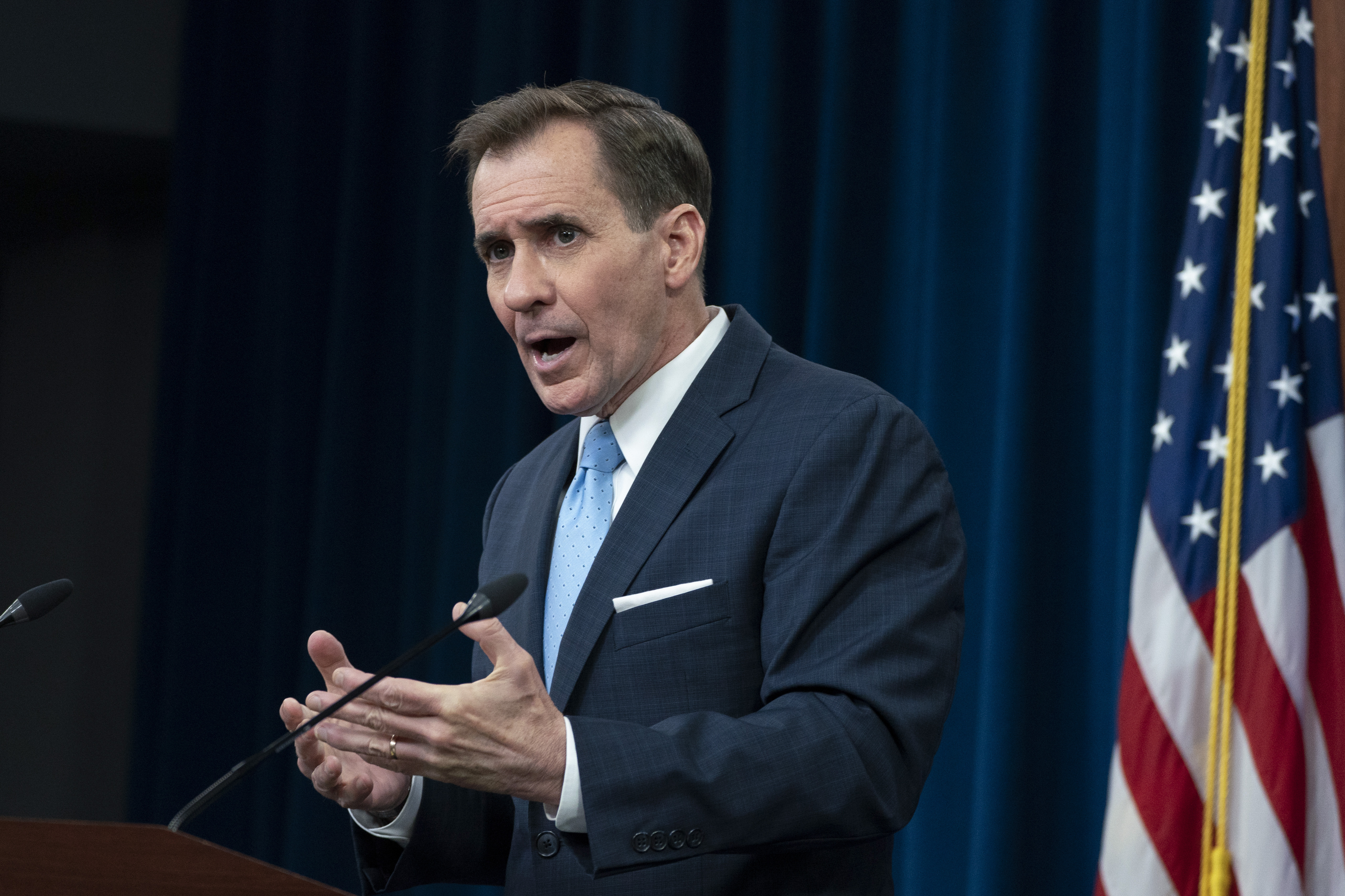Pentagon spokesman John Kirby speaks during a briefing in Washington DC, on Friday.