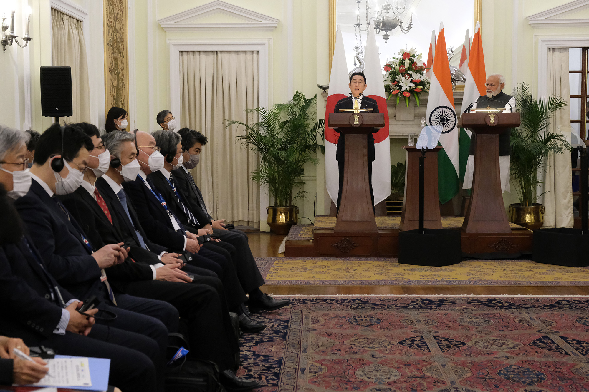 Japanese Prime Minister Fumio Kishida, center, speaks during a joint press conference with Prime Minister of India Narendra Modi in New Delhi, India, on Saturday, March 19.