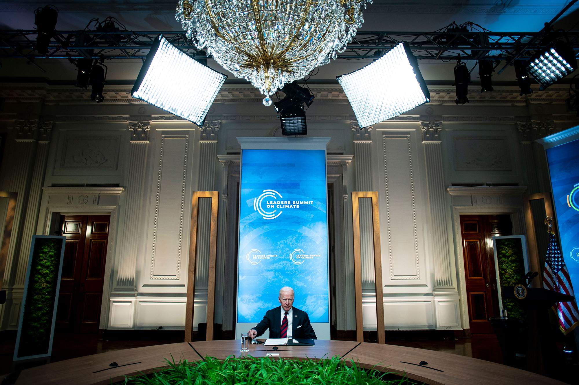 President Joe Biden listens during a virtual Leaders Summit on Climate at the White House on Thursday, April 22, in Washington.