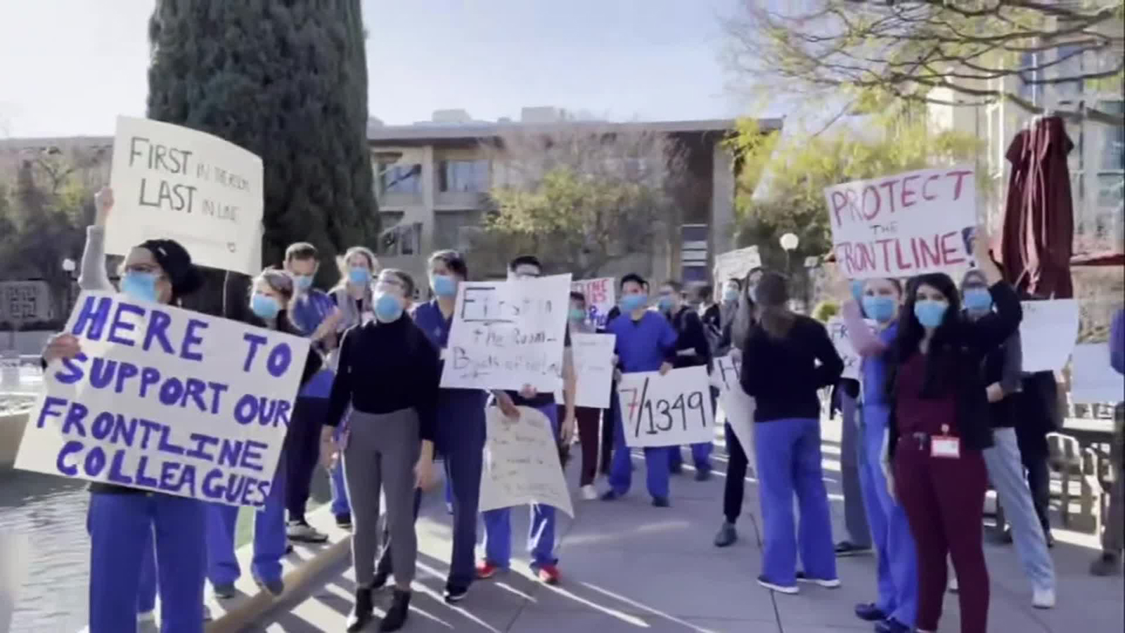 Residents protest outside Stanford Medical Center in Palo Alto, California, on December 18.
