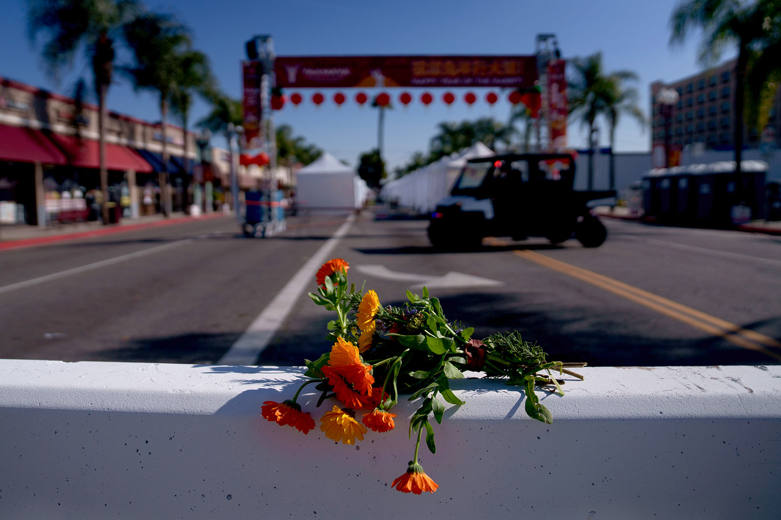 Flowers are placed near the scene of the mass shooting in Monterey Park, California, on January 22. 
