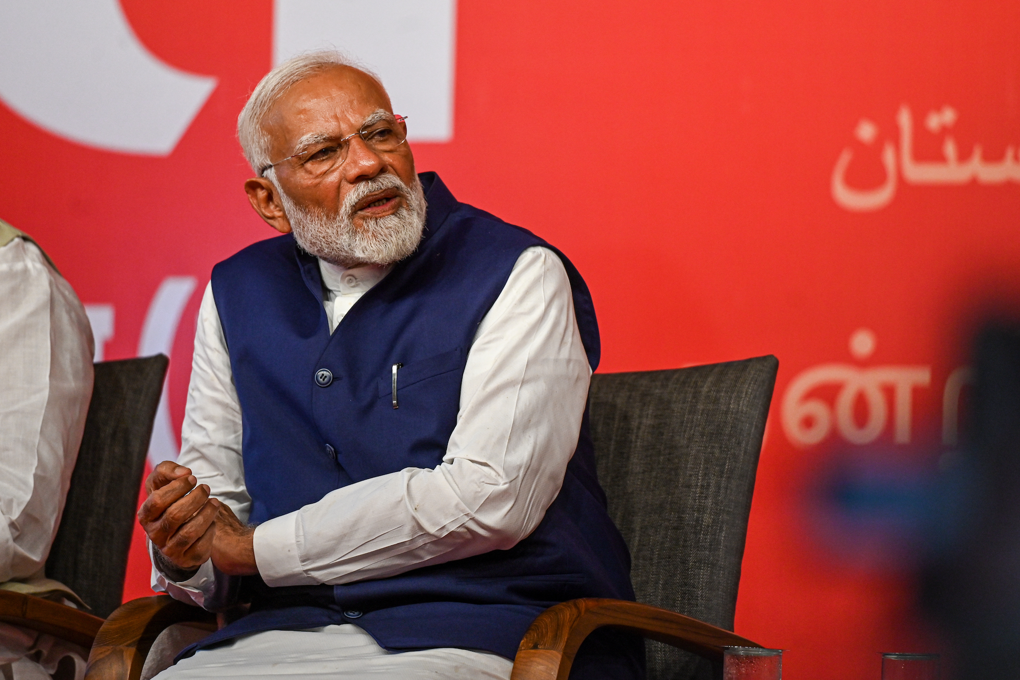 Narendra Modi is seen at the BJP party headquarters during election results night in New Delhi on Tuesday.