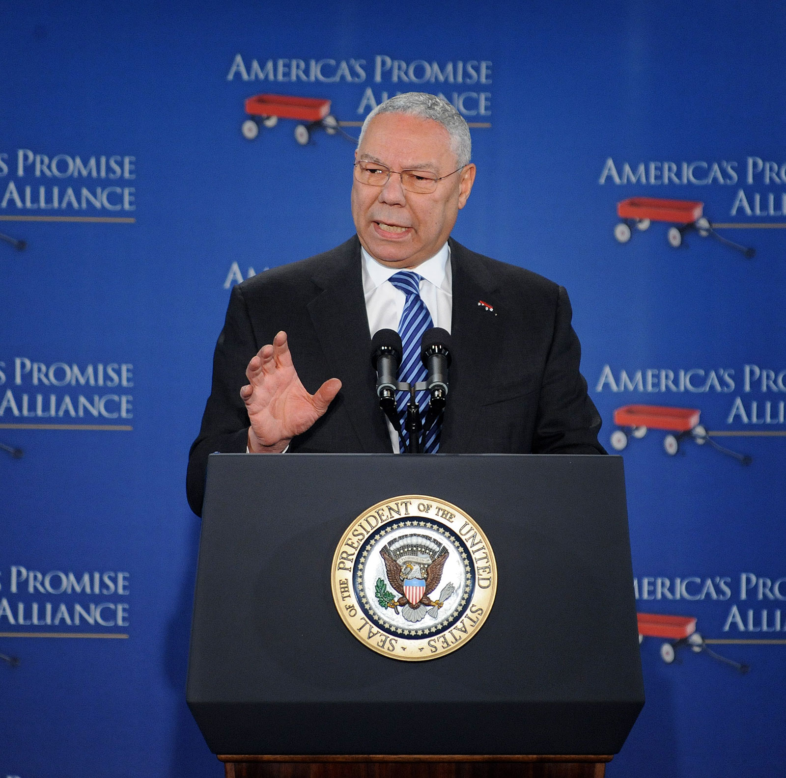 Former Secretary of State Colin Powell delivers remarks at an America's Promise Alliance education event in 2010.
