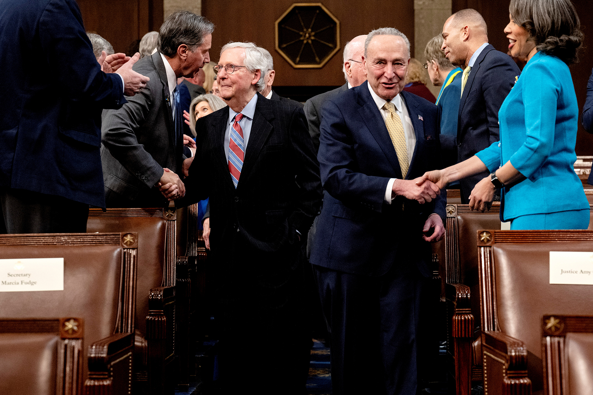 Senate Majority Leader Chuck Schumer and Senate Minority Leader Mitch McConnell arrive to attend President Joe Biden's State of the Union address.