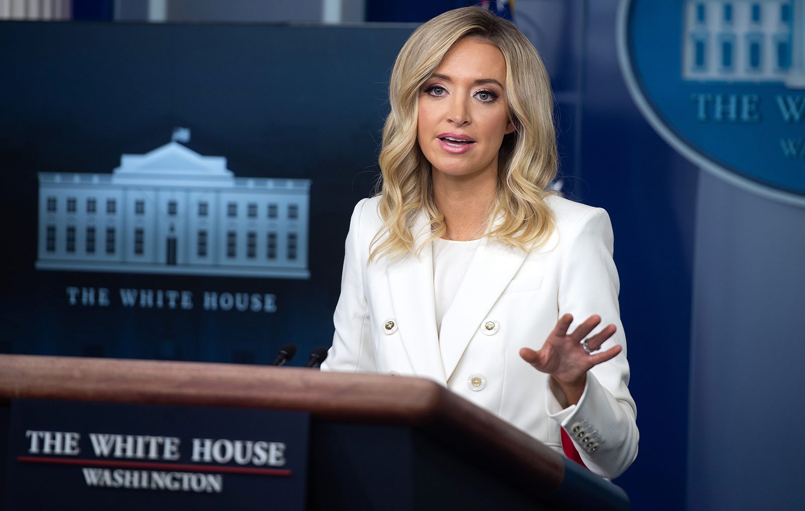 White House Press Secretary Kayleigh McEnany speaks during a White House Press Briefing on Wednesday, May 6.
