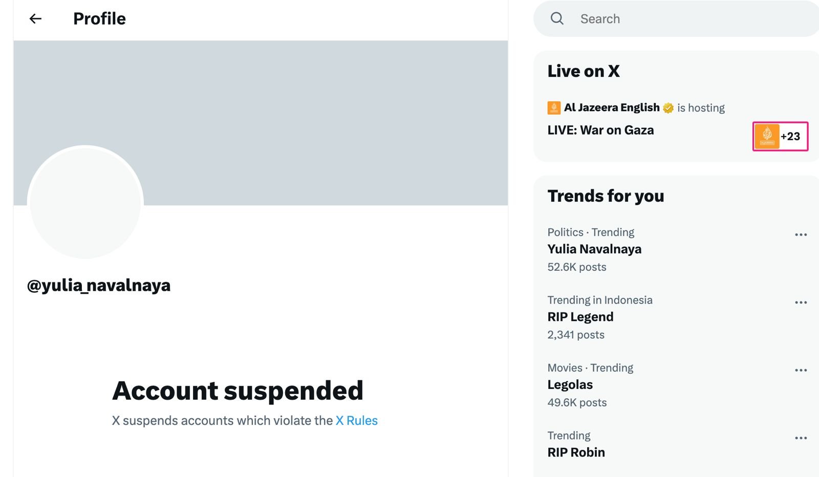 Yulia Navalnaya Twitter suspended on February 20.