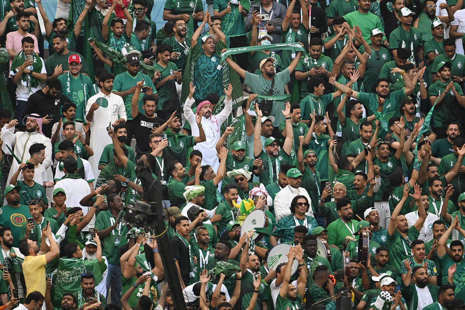 Saudi Arabia fans celebrate their team's first goal during the match against Argentina on November 22.