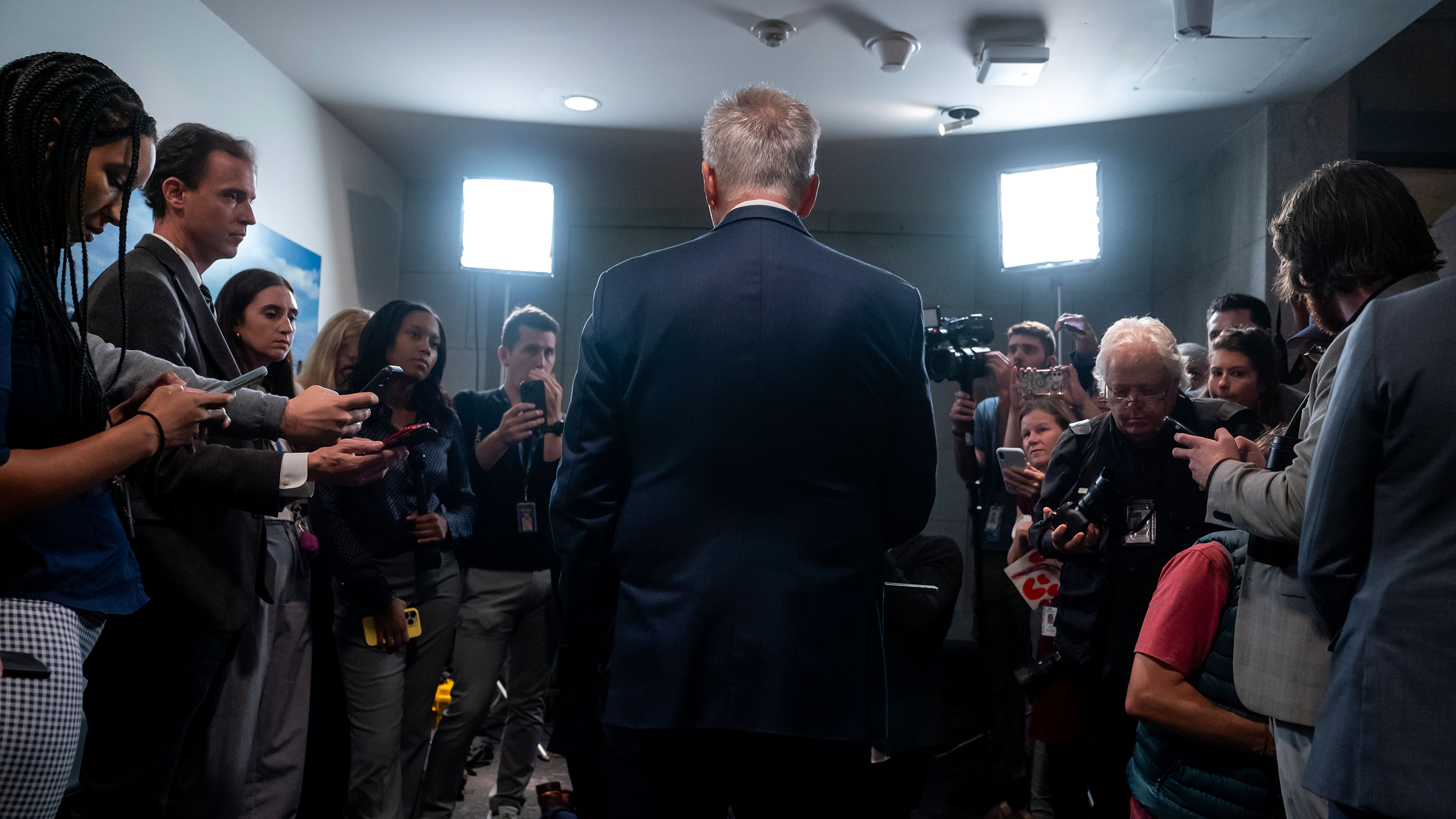 House Speaker Kevin McCarthy speaks with members of the media following a meeting of the Republican House caucus on September 30, 2023 in Washington, DC. 