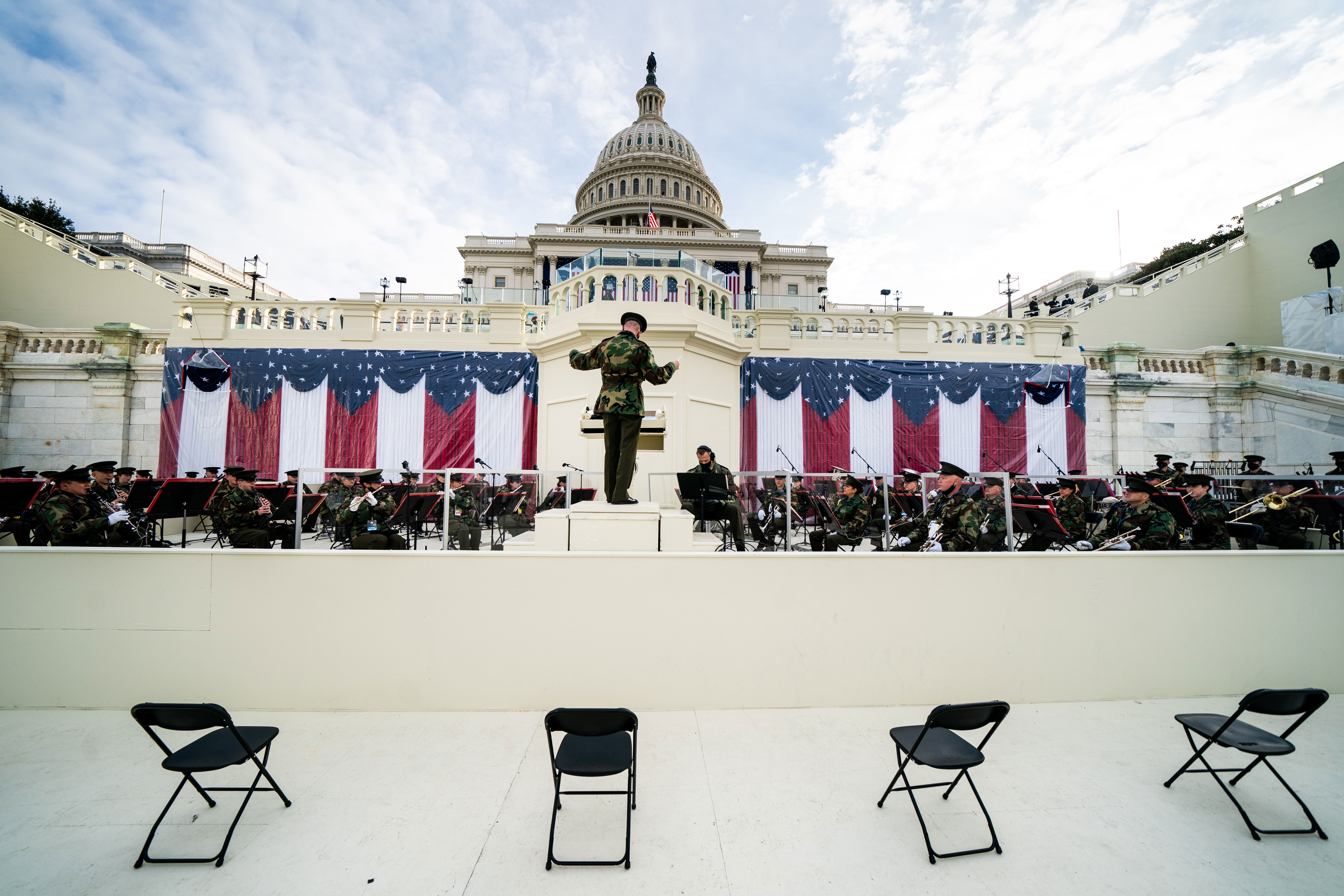The Marine Band rehearses on the West Front of the Capitol on January 18.