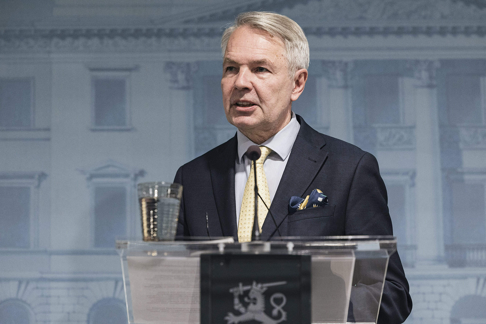 Foreign Minister of Finland Pekka Haavisto speaks during the Finnish Government's press conference in Helsinki on September 29.