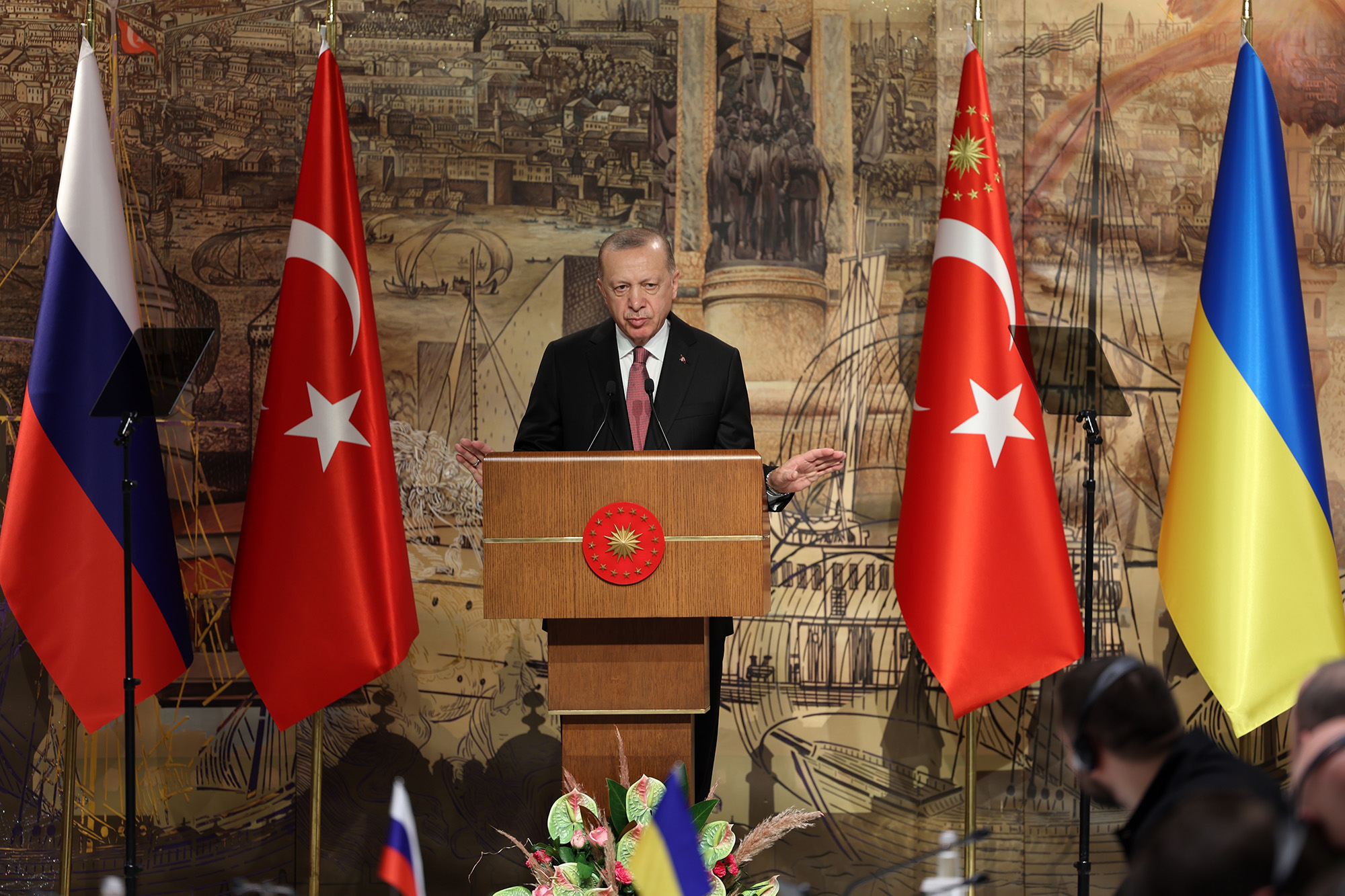 Turkish President Recep Tayyip Erdogan speaks ahead of the peace talks between delegations from Russia and Ukraine at Dolmabahce Presidential Office in Istanbul, Turkey, on March 29.