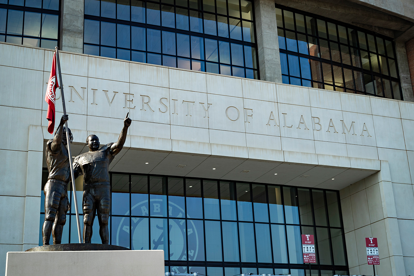 A statue outside of Bryant-Denny Stadium on the campus of the University of Alabama on September 22, 2018. 