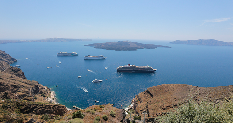 Cruise ships sail in waters off Santorini, Greece in this 2015 file photo.