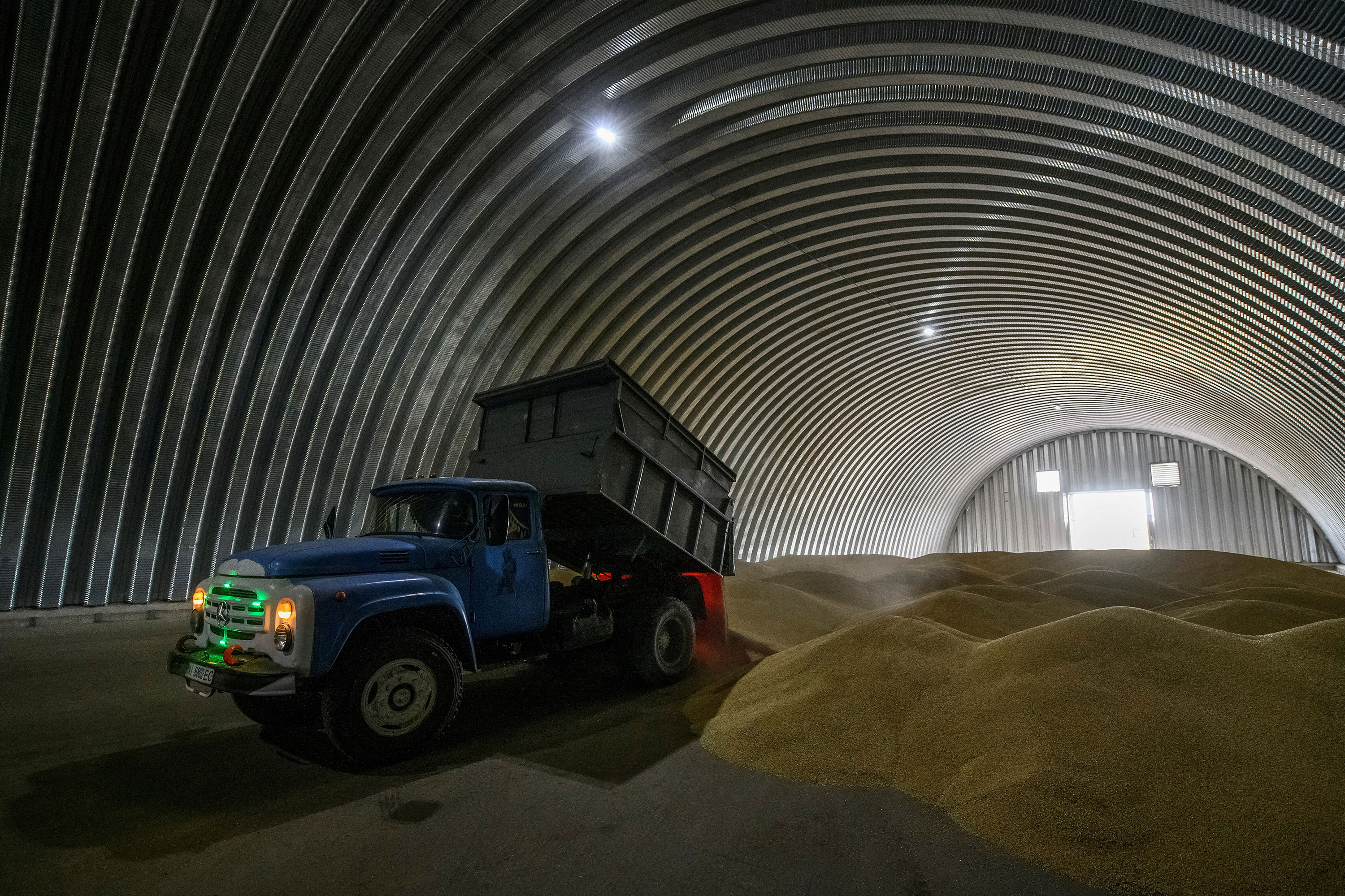 Wheat grains are unloaded inside a storage facility in Zghurivka, Ukraine, on August 9.