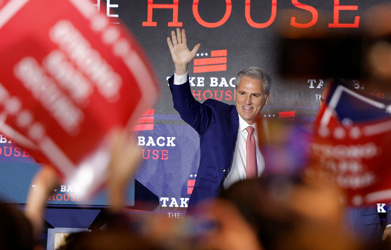 Kevin McCarthy waves to the crowd after speaking at a House Republicans election night party on November 9. 