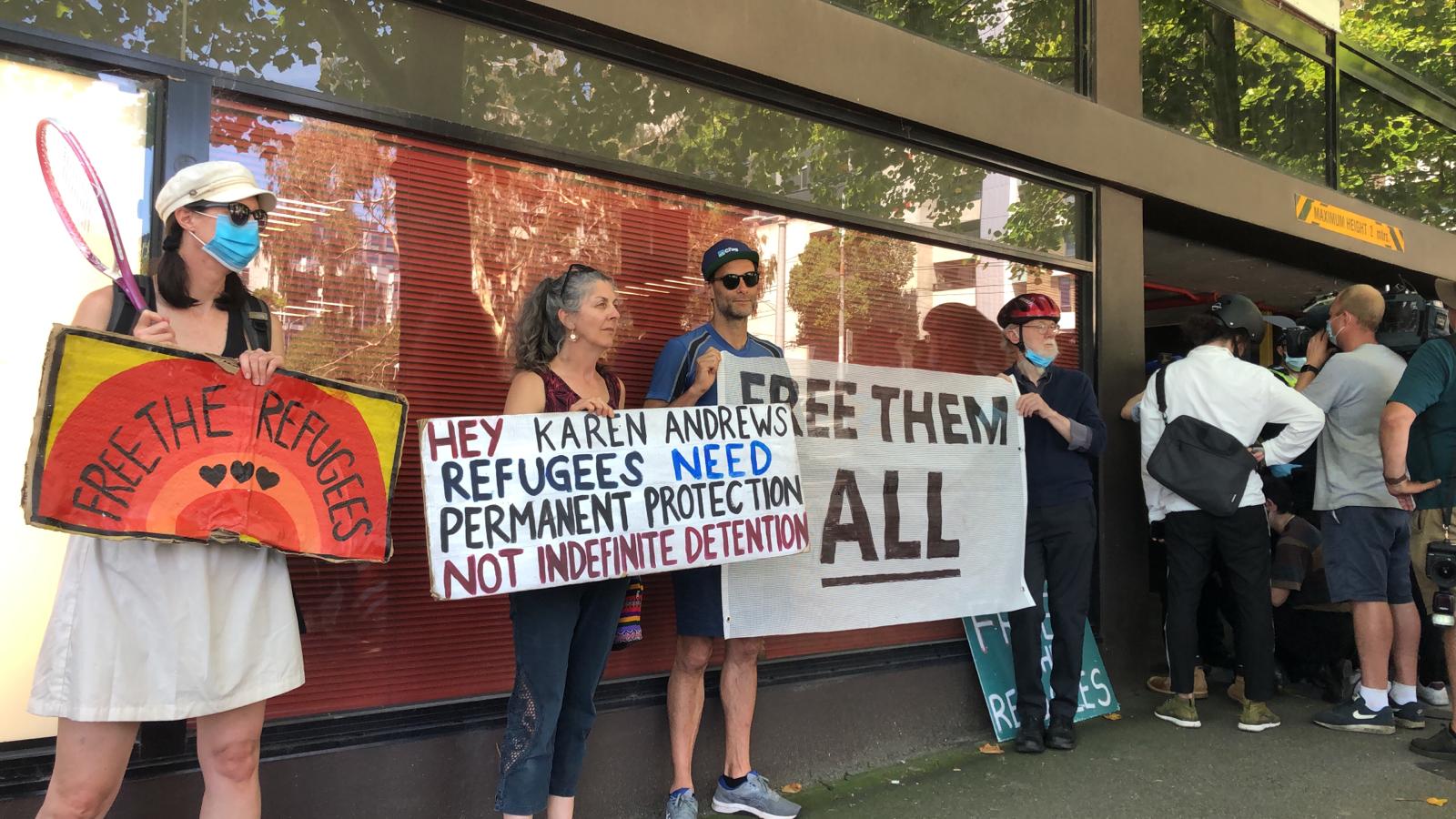 Protesters outside the Park Hotel in Melbourne, Australia on January 10, demonstrating against the government's policy of indefinite detention of refugees and asylum seekers.