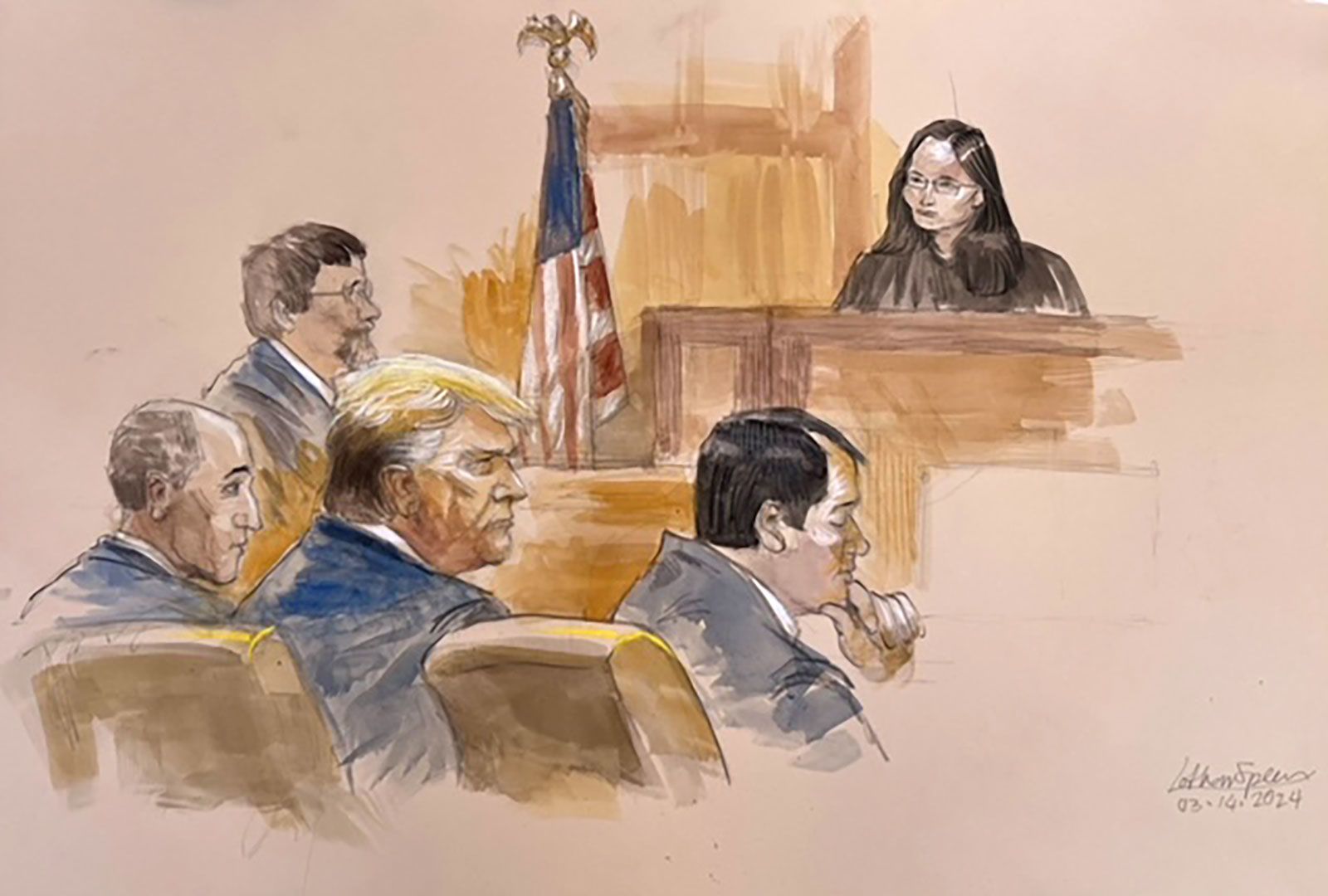 This sketch shows former President Donald Trump in court with his lawyers and Judge Aileen Cannon of the US District Court for the Southern District of Florida, top right, during a classified documents hearing in Fort Pierce, Florida, on March 14.