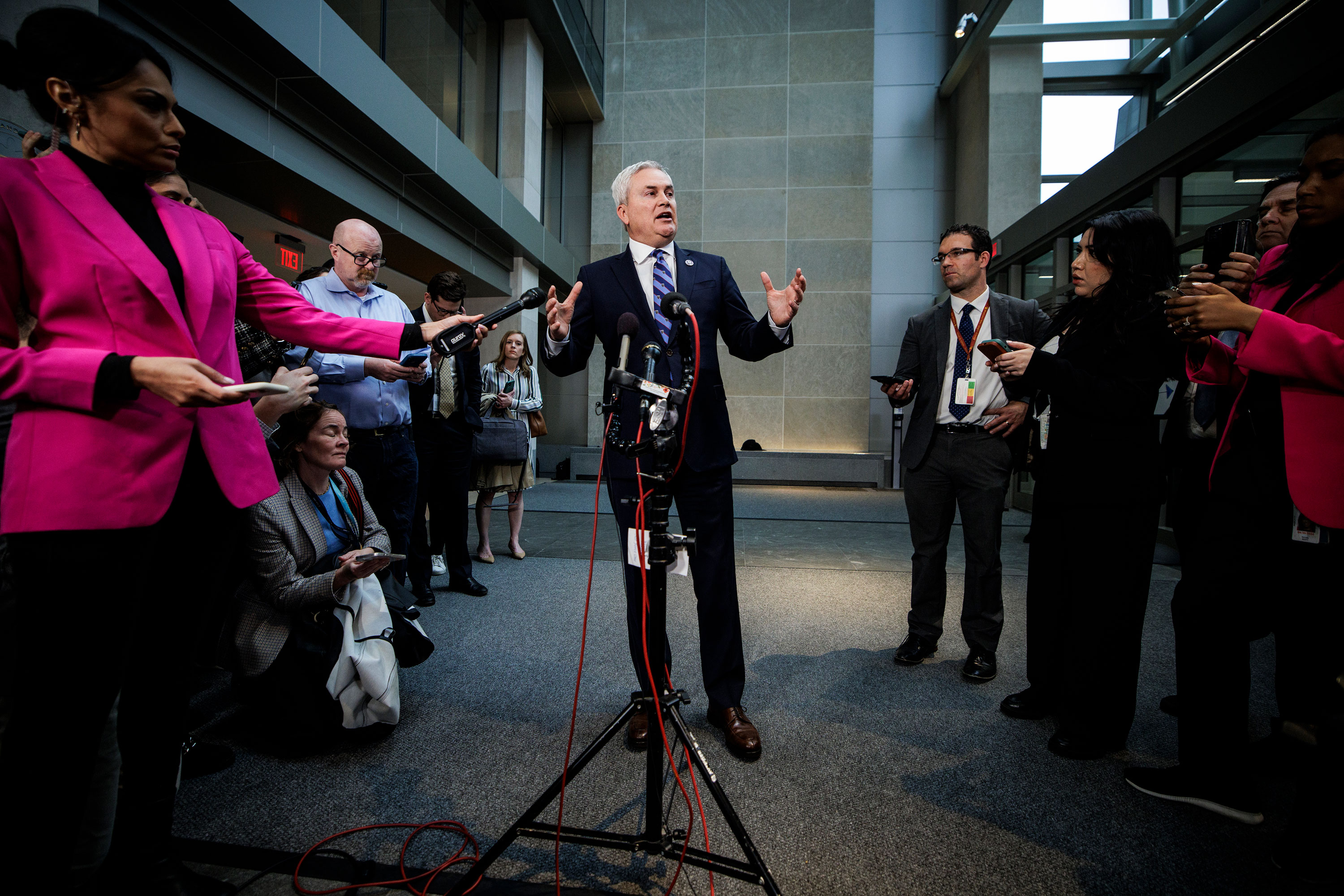 House Oversight Committee Chairman James Comer speaks to reporters following the closed-door deposition of Hunter Biden in Washington, DC, on February 28. The meeting was part of the Republicans' impeachment inquiry into President Joe Biden. 