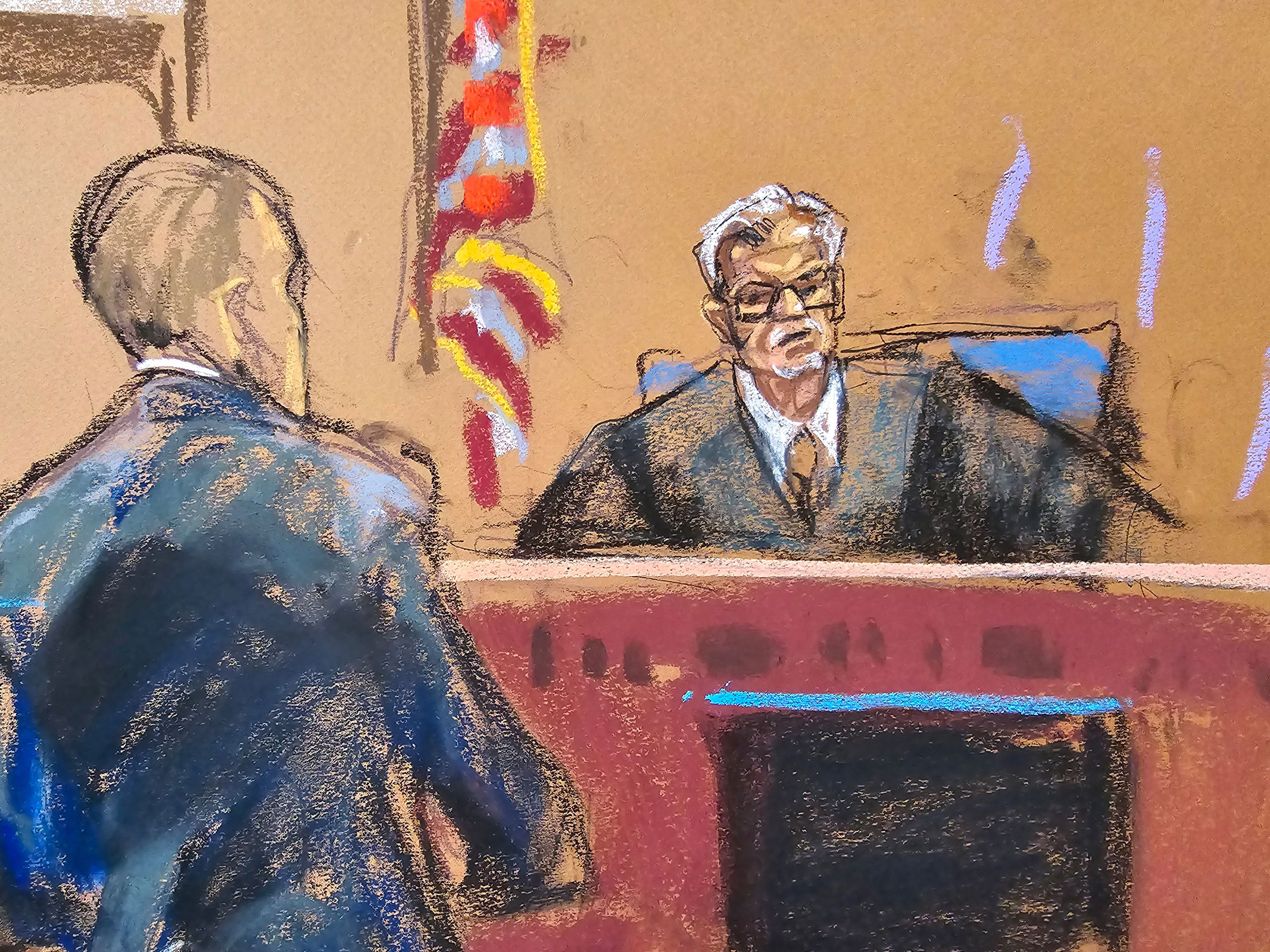 In this courtroom sketch, Juan Merchan listens as Emil Bove, former President Donald Trump's attorney, argues during the Sandoval hearing.
