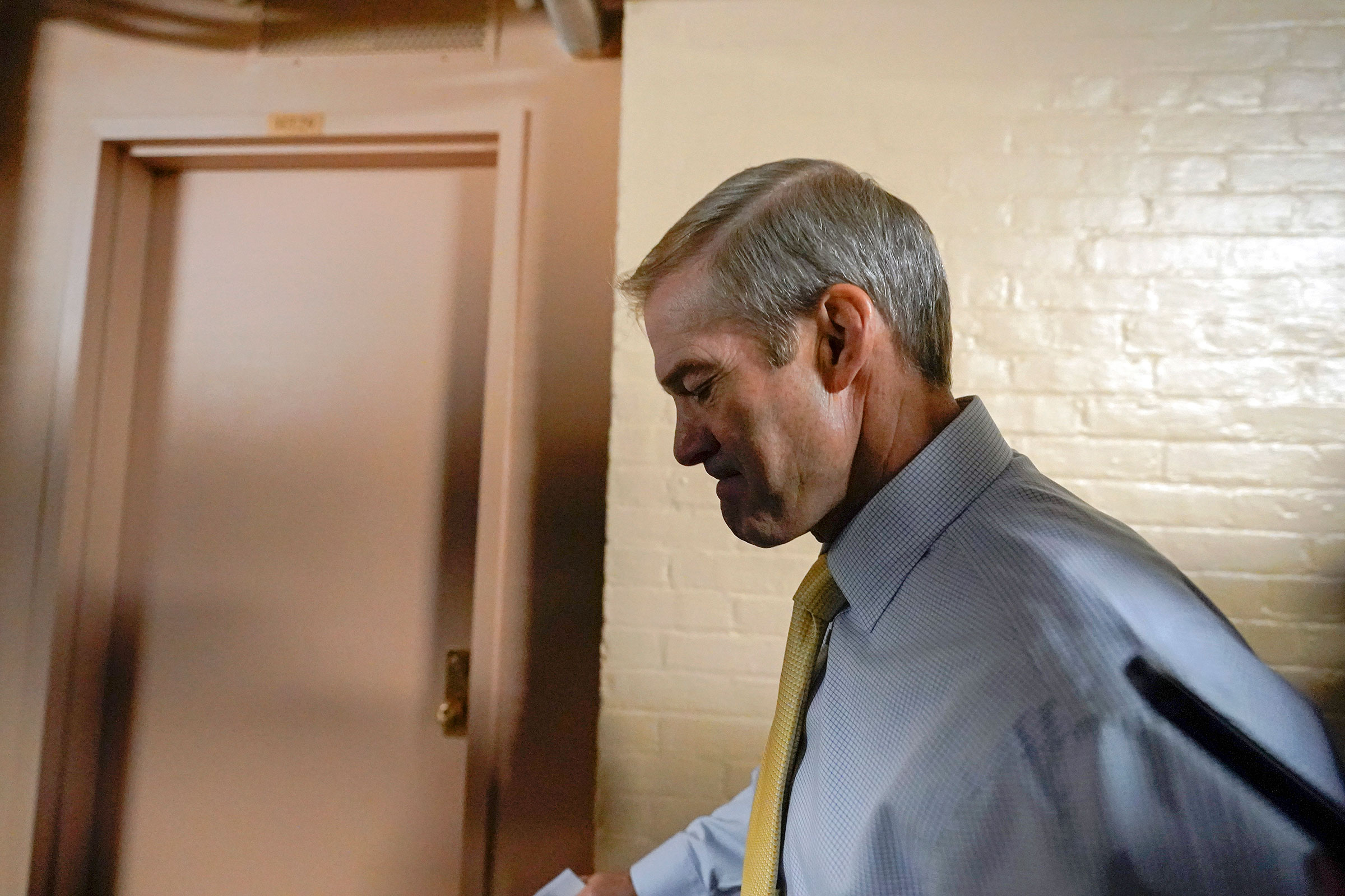 Rep. Jim Jordan arrives for the Republican caucus meeting at the Capitol in Washington, DC, on Thursday. 