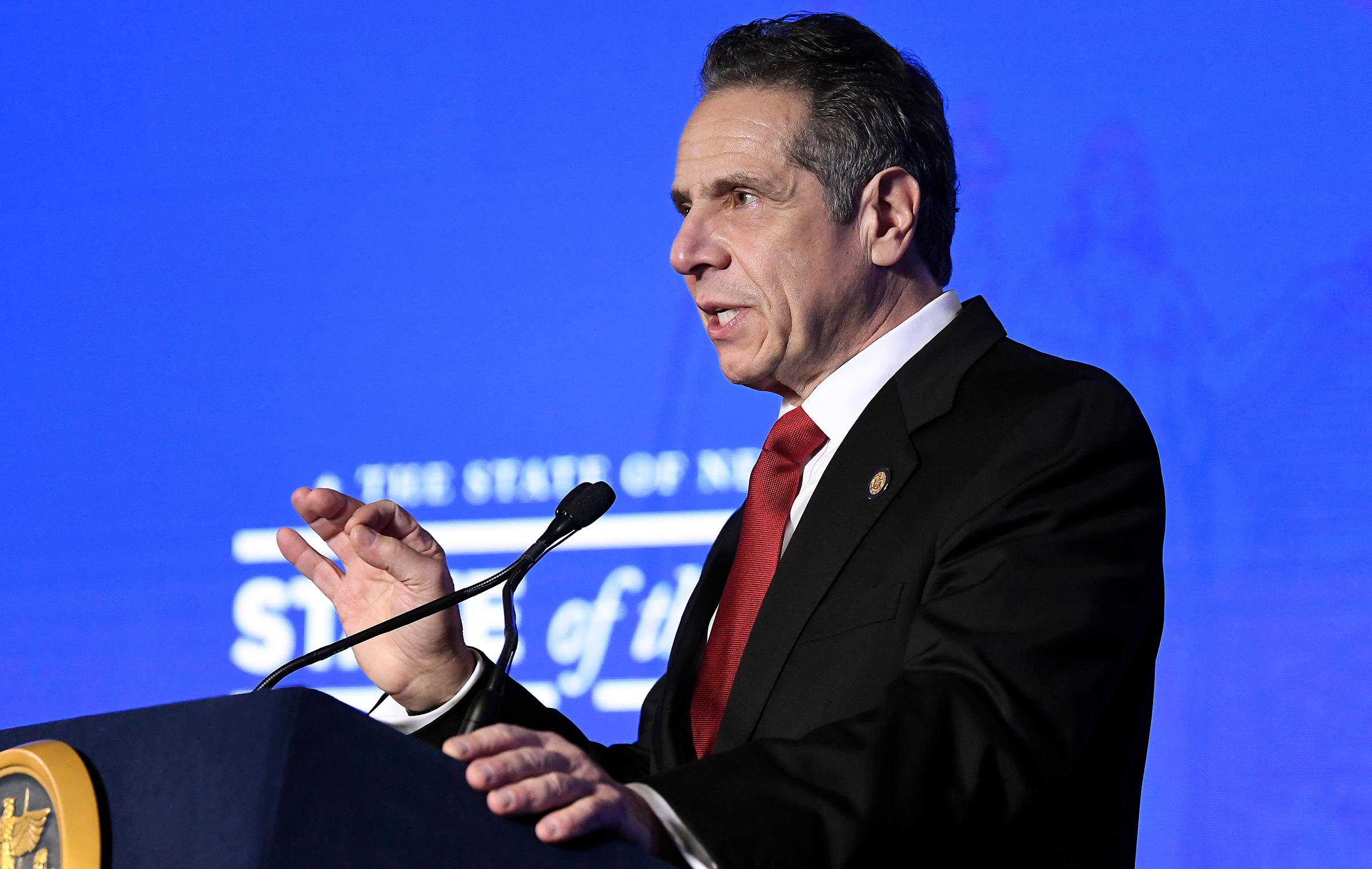 New York Gov. Andrew Cuomo delivers his State of the State address from the state Capitol on Monday, January 11 in Albany, New York.