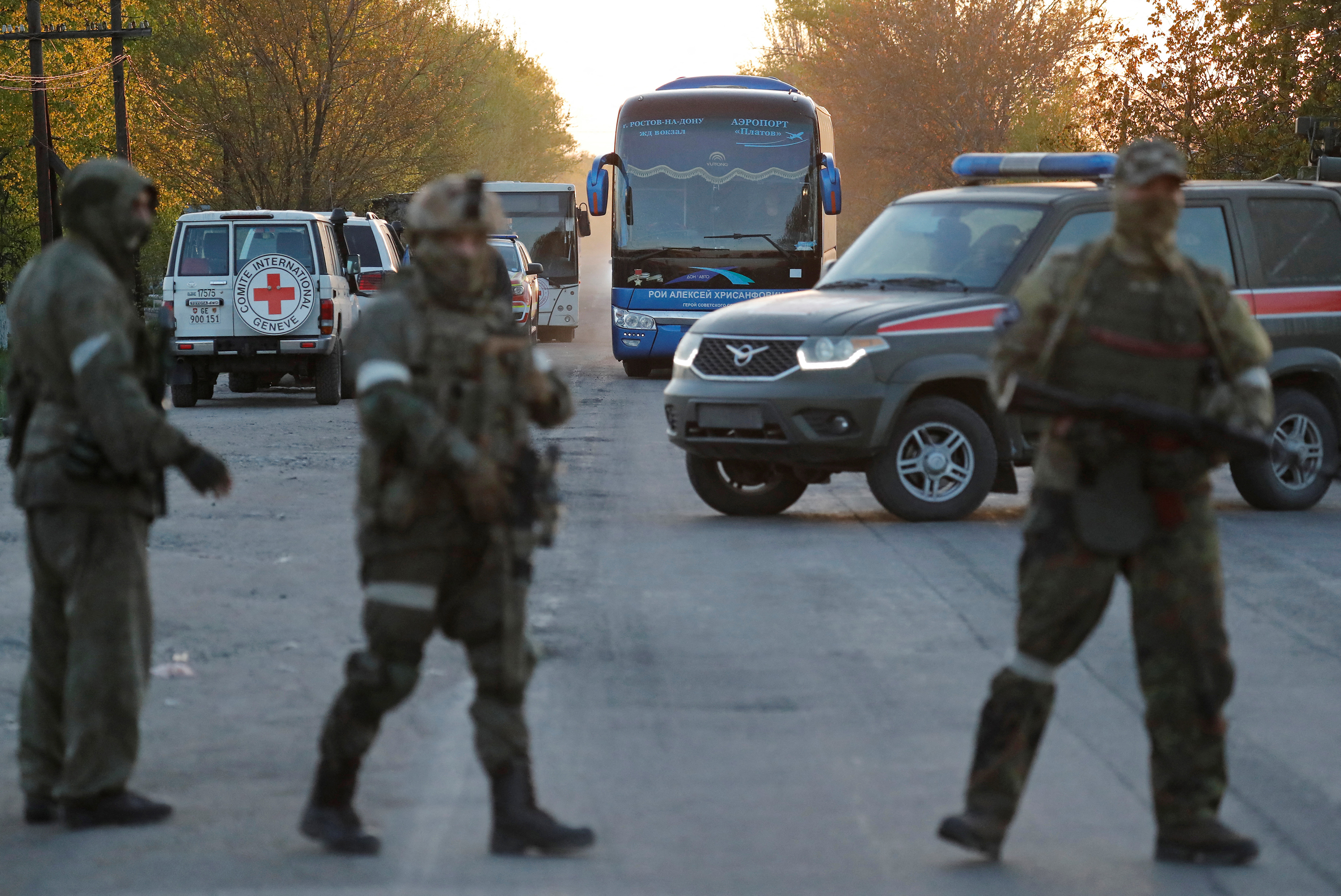 A bus carrying civilians evacuated from Azovstal steel plant in Mariupol arrives at a temporary accommodation center in the village of Bezimenne, Ukraine on May 6, 2022. 