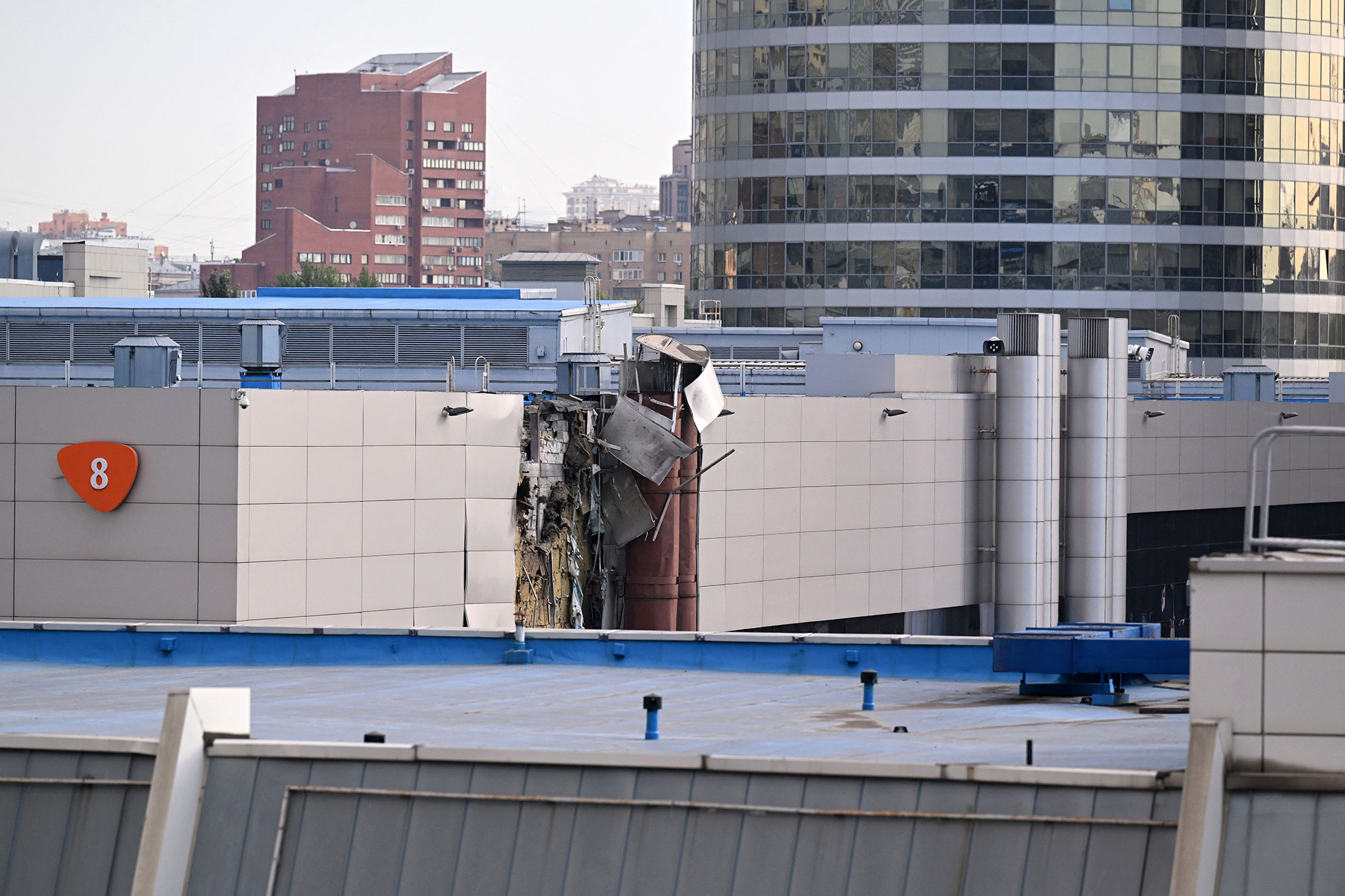 Damage to the Expocentre building in Moscow, Russia, following a drone attack on August 18.