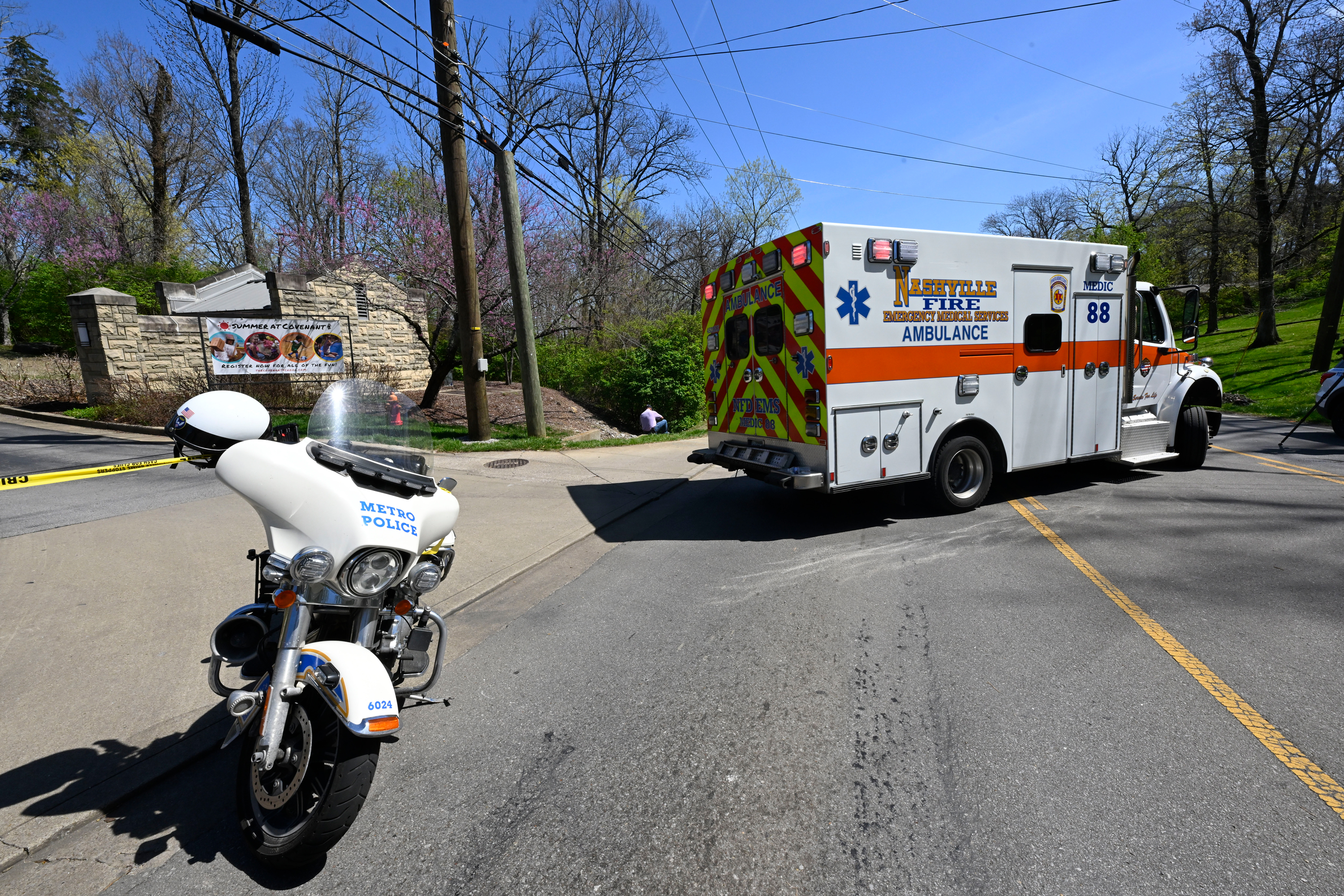 An ambulance leaves the Covenant School, in Nashville, Tennessee on Monday.