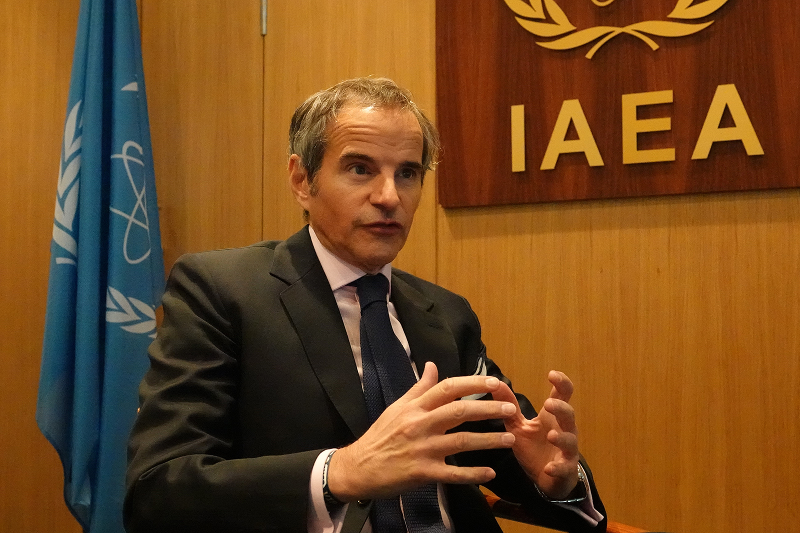Rafael Grossi speaks during an interview at the IAEA headquarters in Vienna, Austria, on May 12.