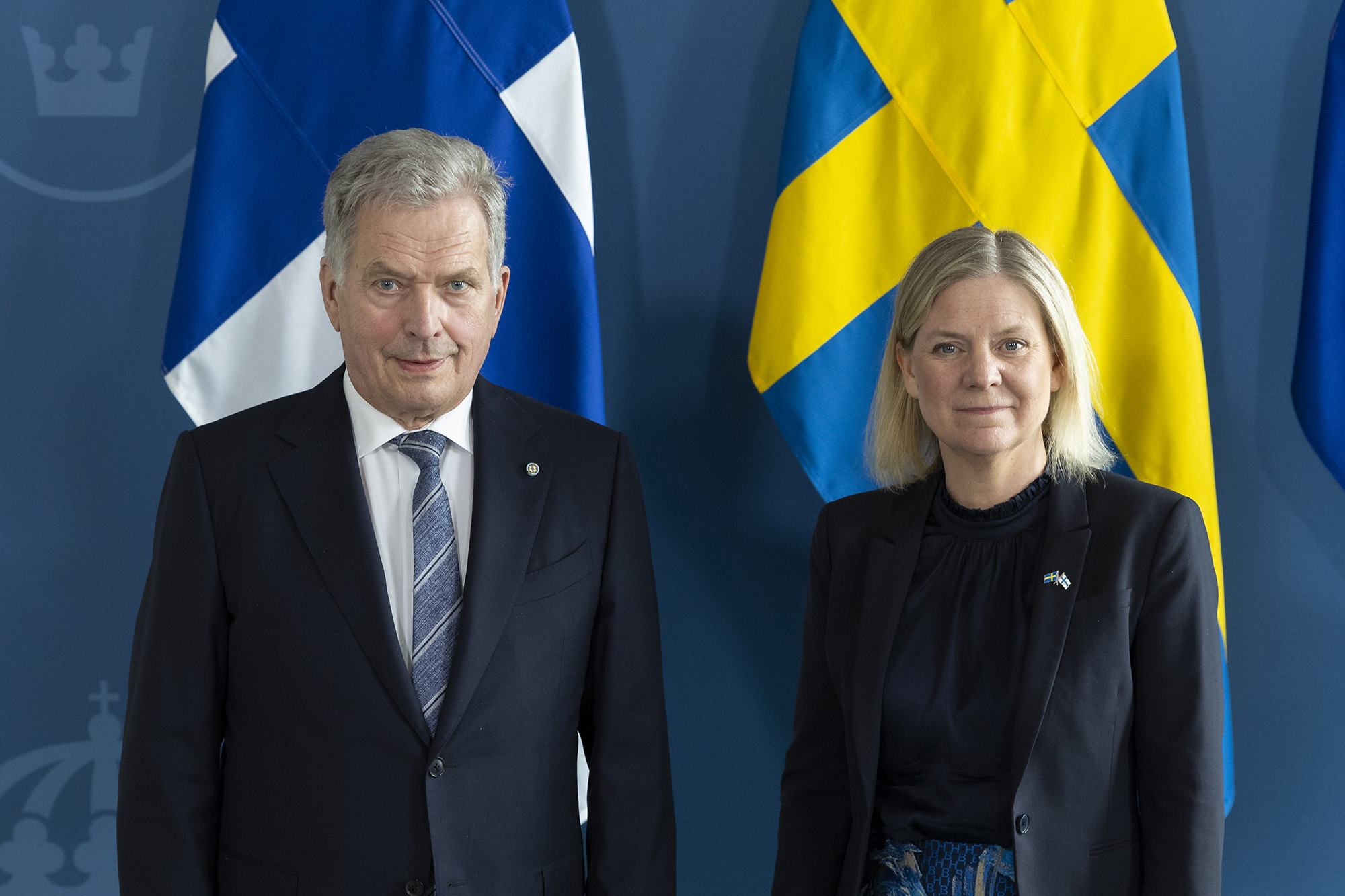 Finland's President Sauli Niinisto, left, poses with Swedish Prime Minister Magdalena Andersson at the Adelcrantz Palace on May 17, in Stockholm, Sweden