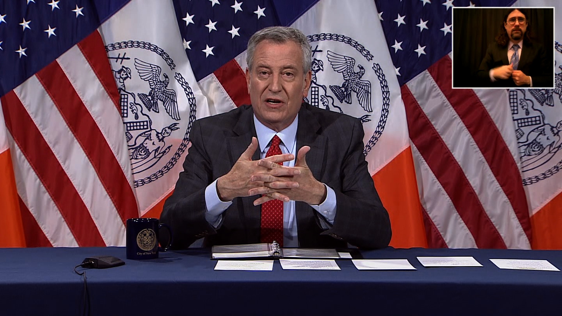 New York City Mayor Bill de Blasio speaks during a coronavirus briefing on May 13 in New York City. 