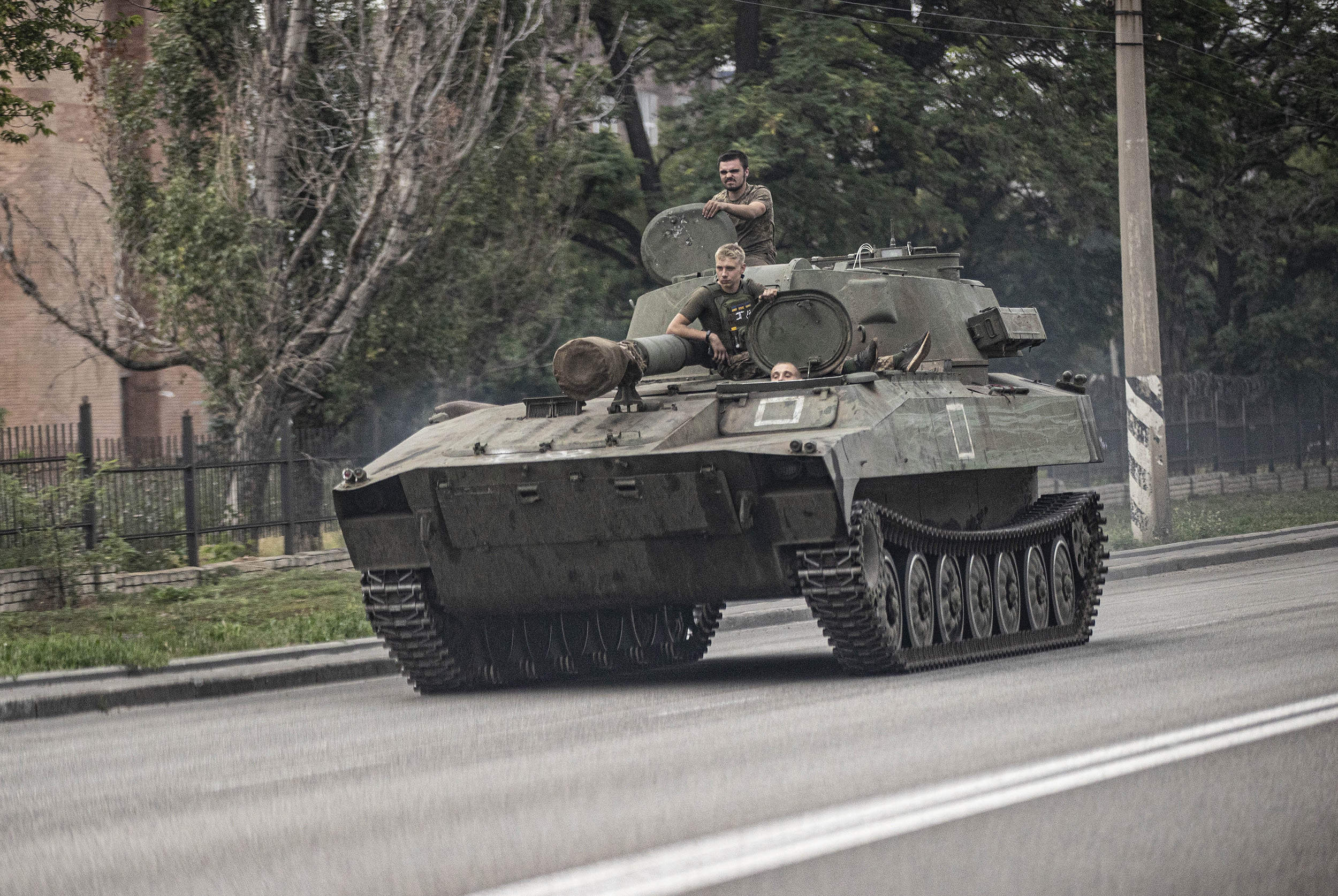 Ukrainian servicemen drive a tank through Kramatorsk in the Donetsk Oblast, Ukraine, on July 17.