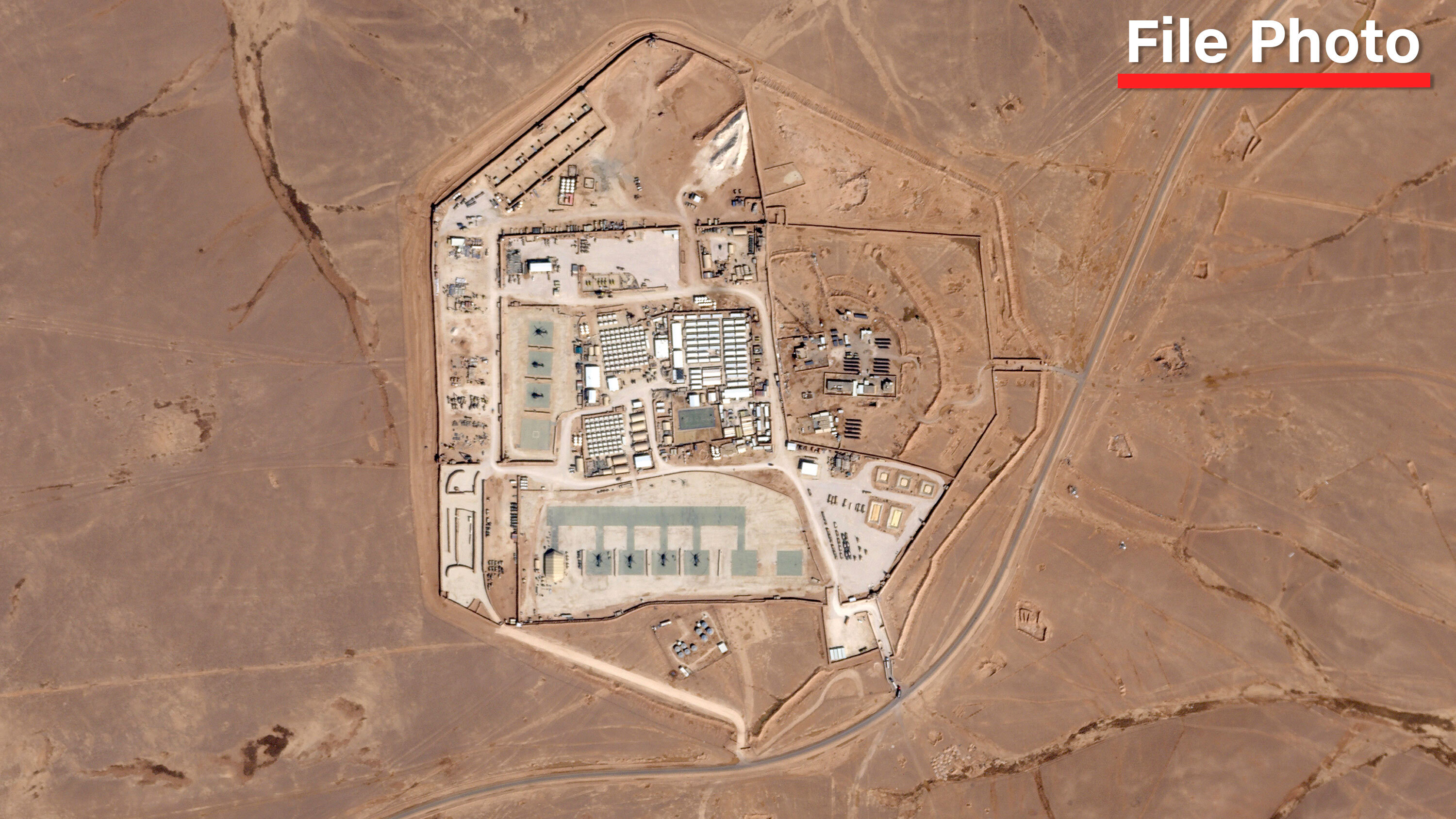 This satellite photo from Planet Labs PBC shows a military base known as Tower 22 in northeastern Jordan on October 12.