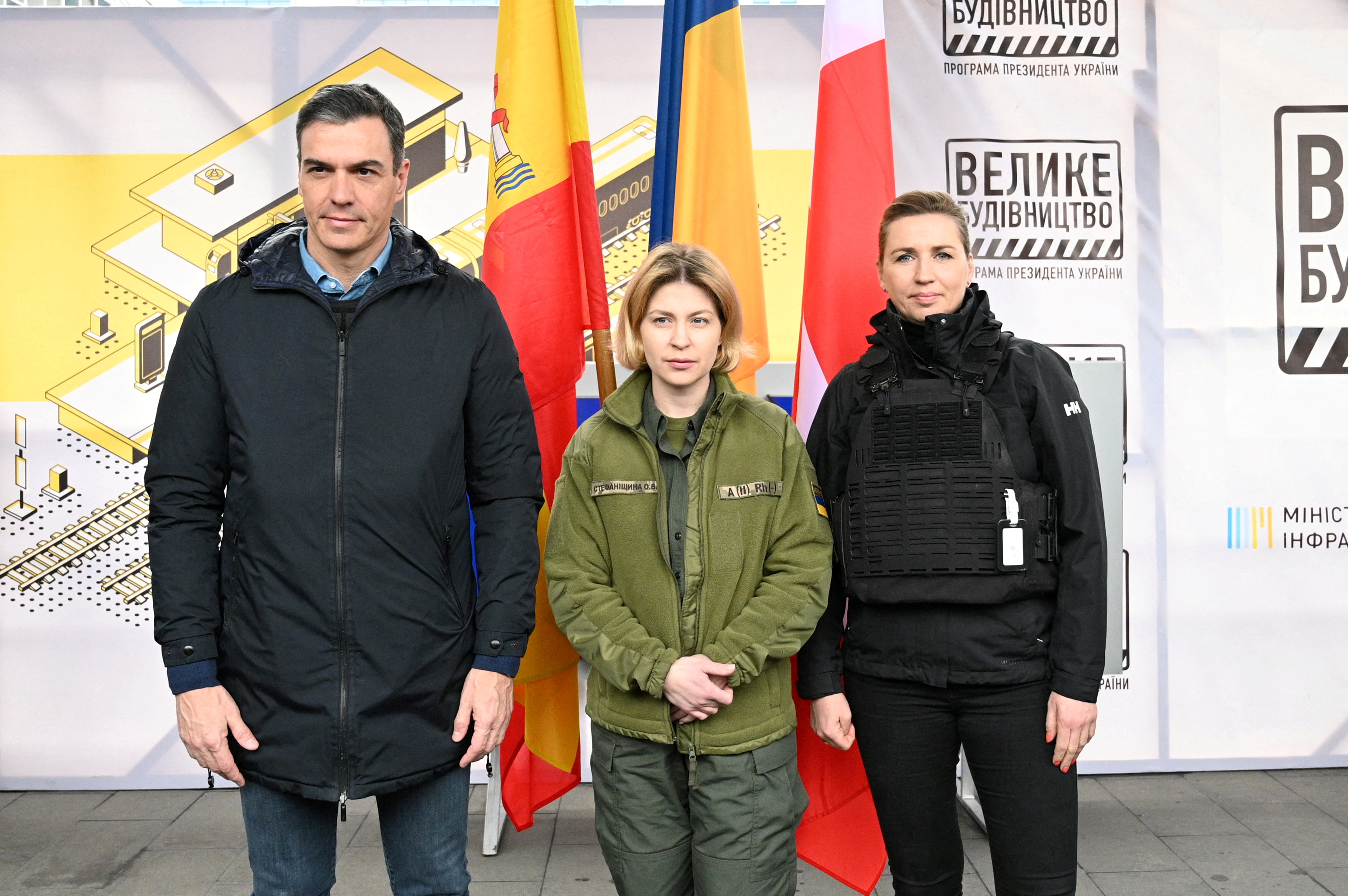 Spanish Prime Minister Pedro Sanchez, left, and Danish Prime Minister Mette Frederiksen, right pose with Ukrainian Deputy Prime Minister Olha Stefanishyna during their visit to Kyiv, Ukraine April 21.