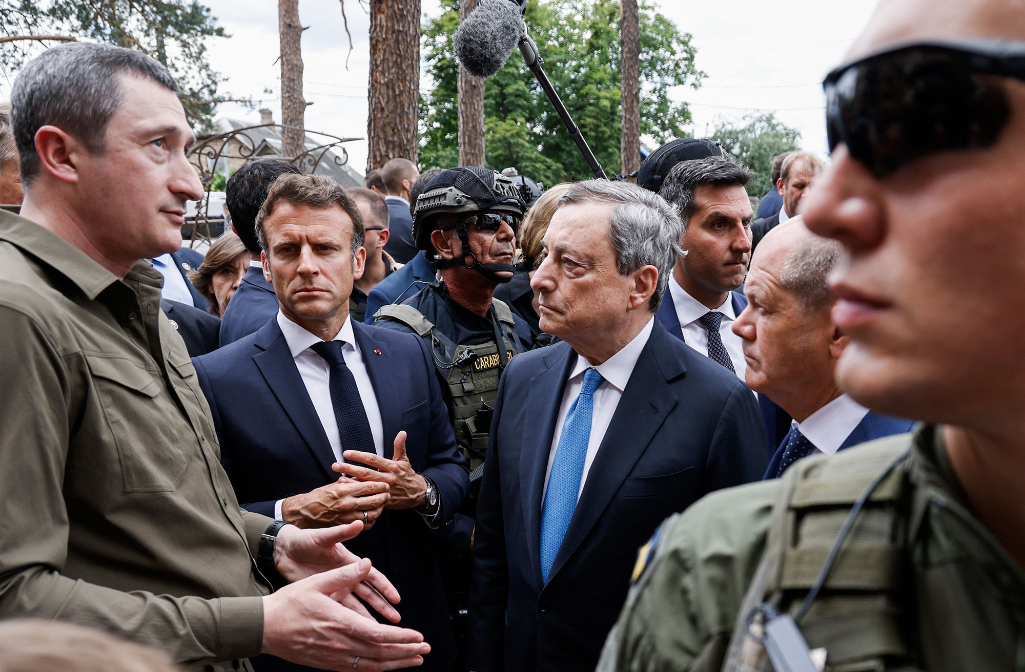 Italian Prime Minister Mario Draghi, center, visits in Irpin, Ukraine, on June 16.