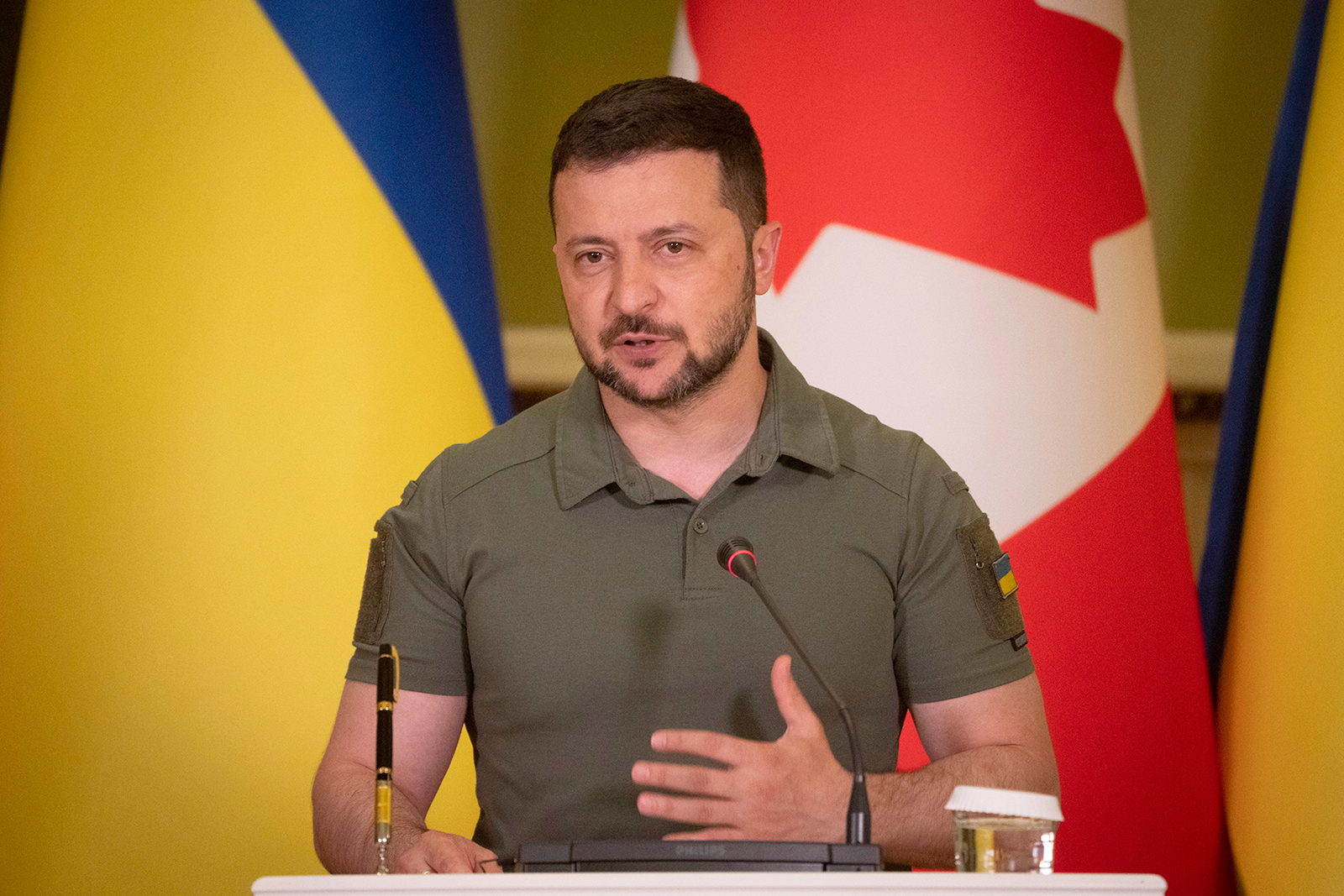 Volodymyr Zelenskyy speaks during a new conference in Kyiv on Saturday, June 10.