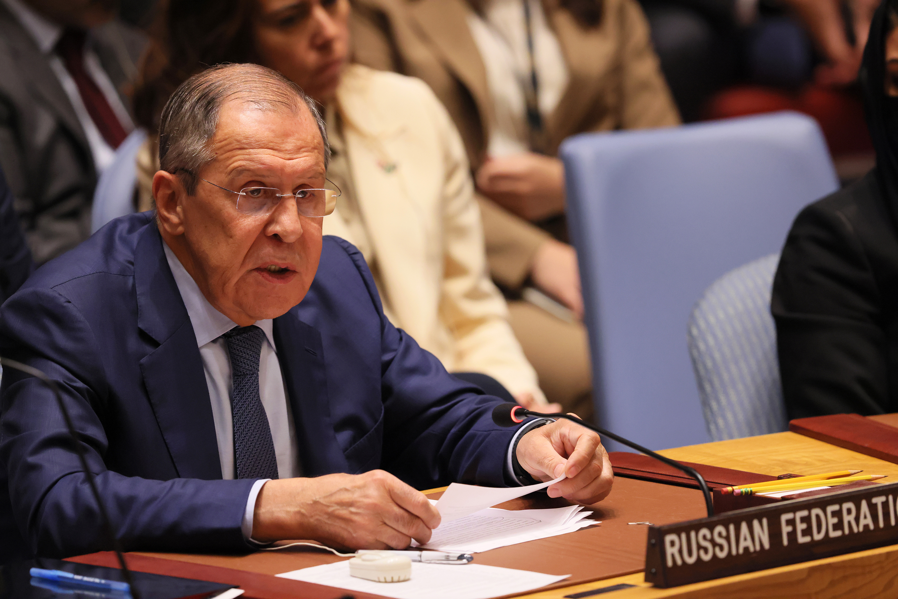 Russian Foreign Minister Sergey Lavrov speaks during the UN Security Council meeting to discuss the conflict in Ukraine on September 22.