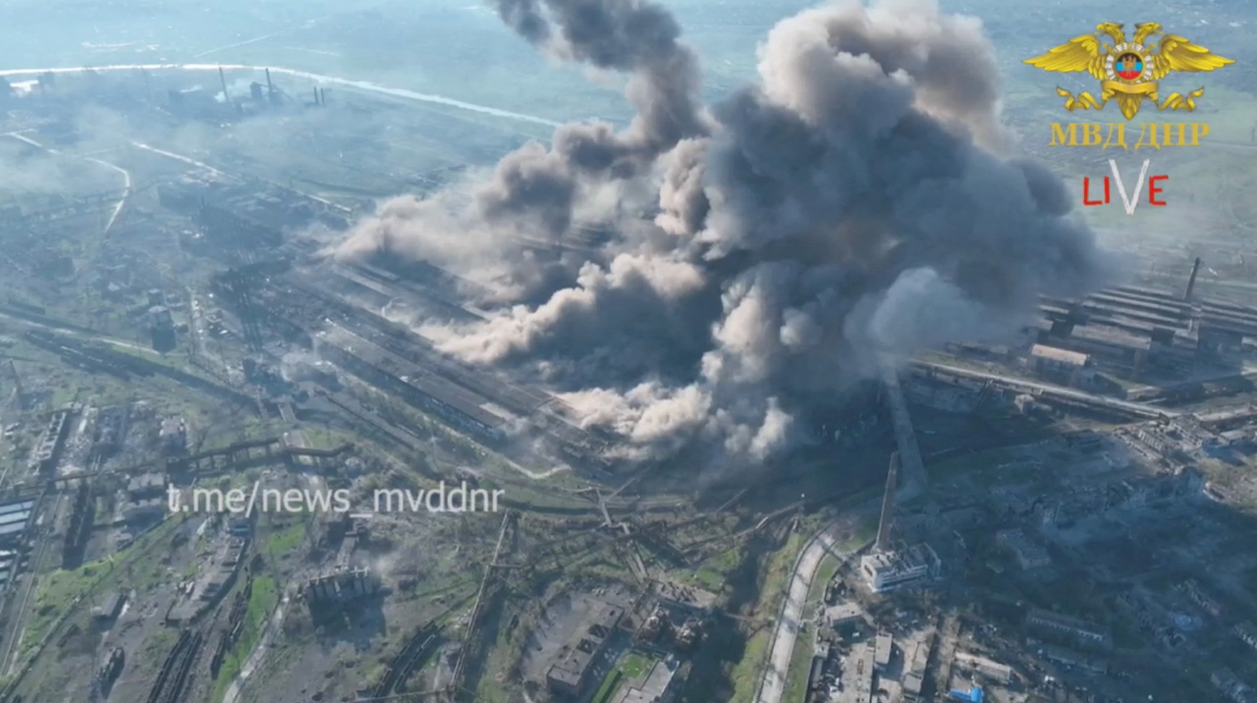An aerial view of rising smoke after a possible shelling of the Azovstal complex, in Mariupol, Ukraine, in this still image from a handout video from social media on May 5.