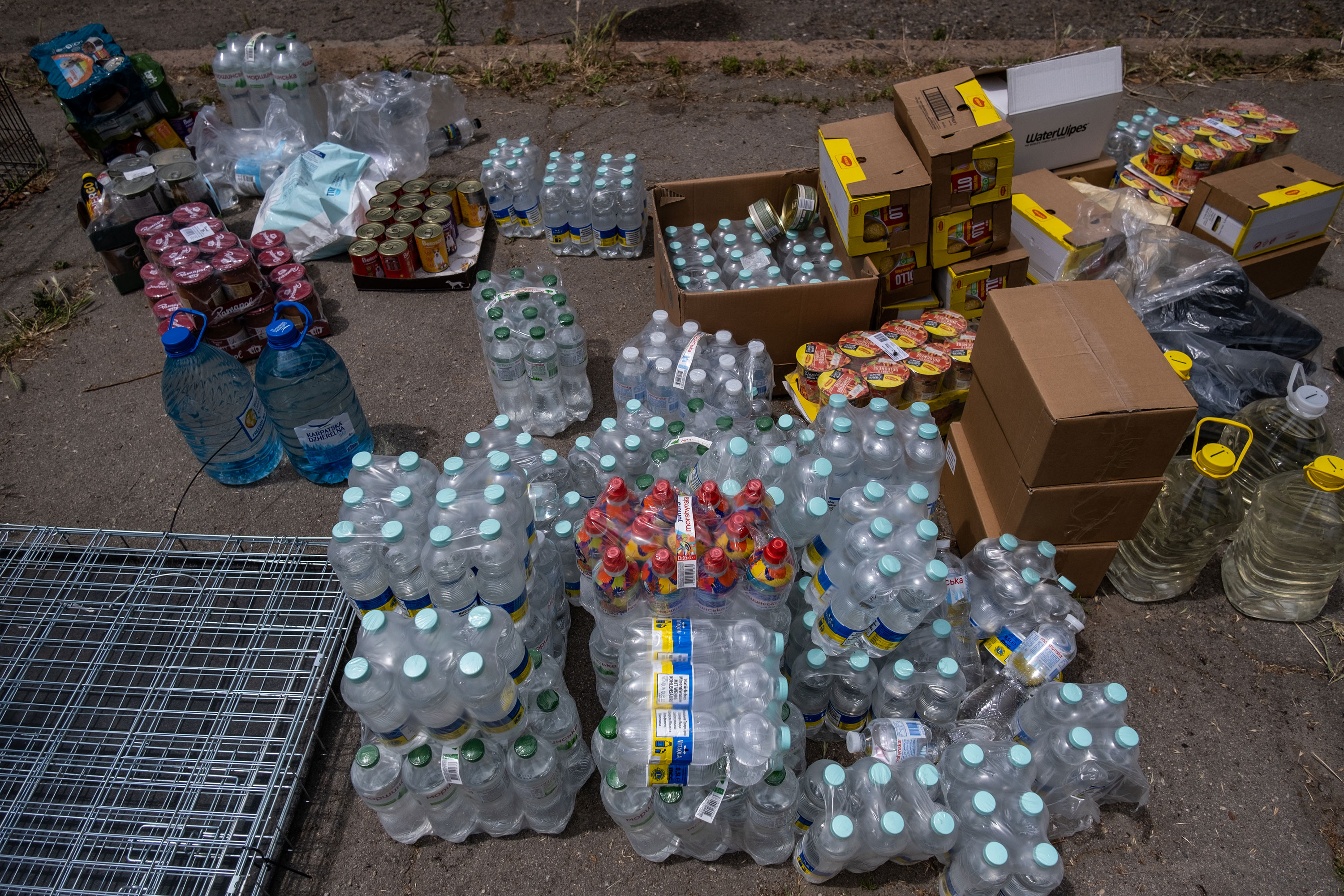 Supplies and other goods are gathered for those affected by the flooding in Kherson on June 8. 