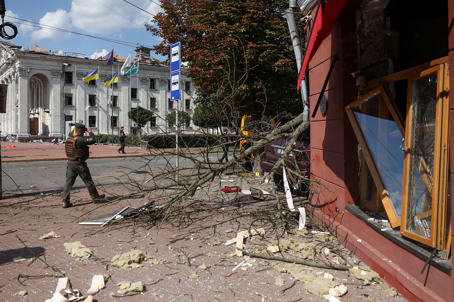 Damage is seen following a Russian missile strike in Chernihiv, Ukraine, on August 19. 