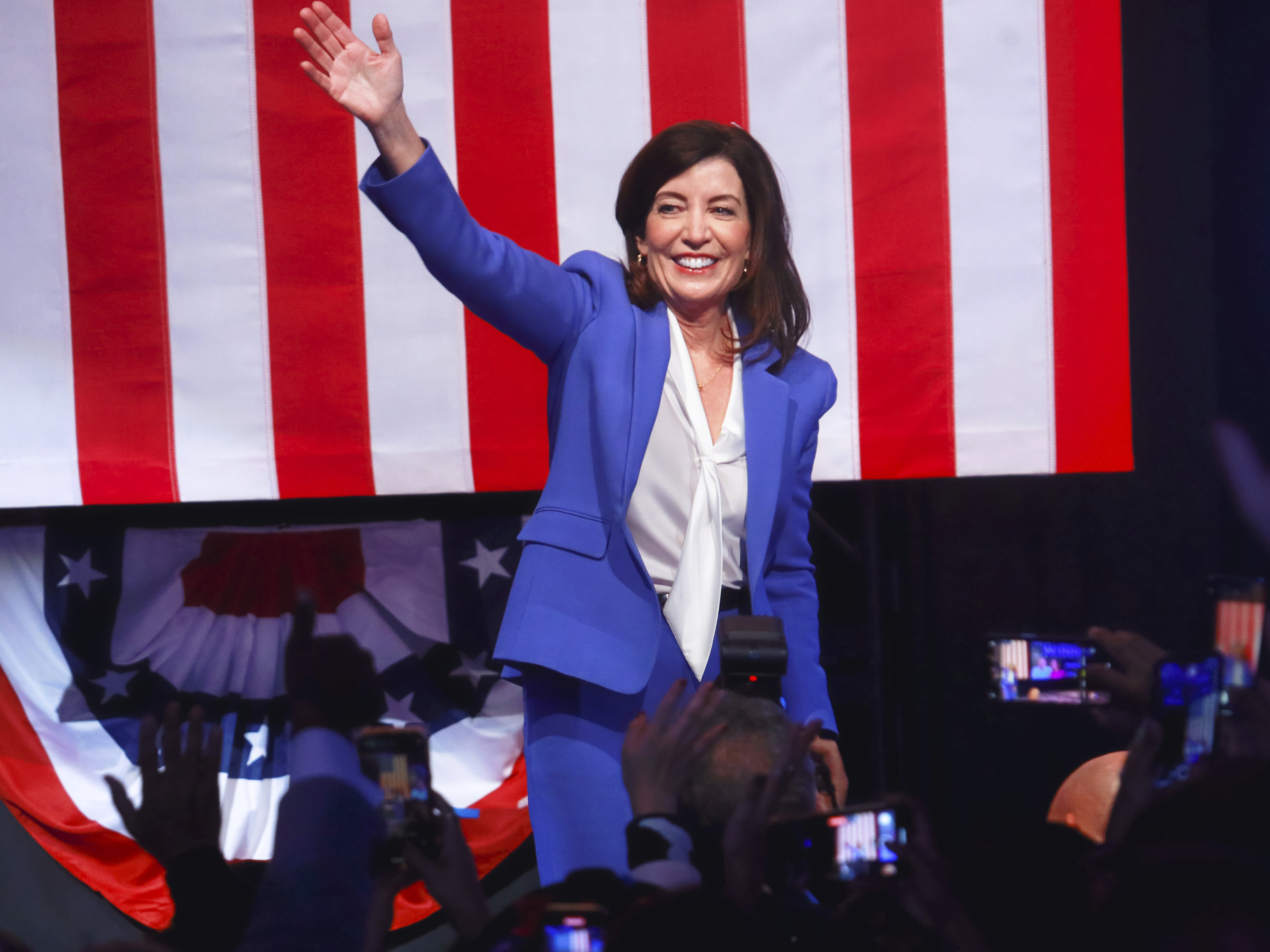 New York Gov. Kathy Hochul speaks to supporters after her win during an election night party in New York City, on November 8.