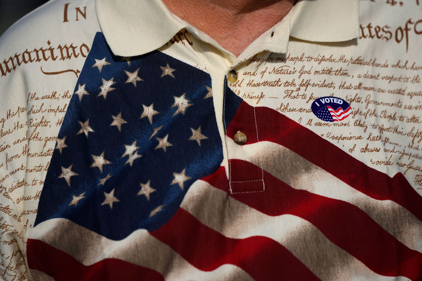 A man wears an "I Voted" sticker on his shirt after voting in Fort Myers, Florida, on Tuesday.