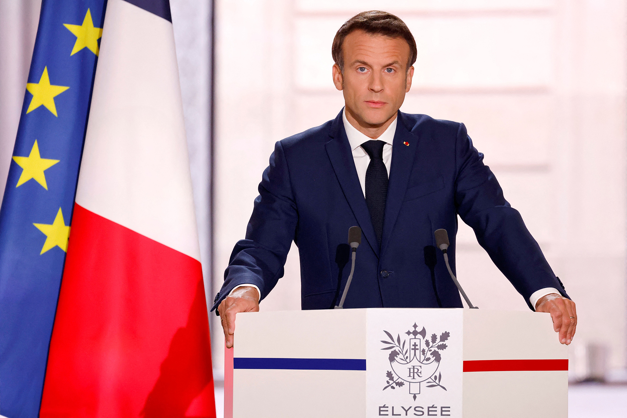 French President Emmanuel Macron delivers a speech at the Elysee Palace in Paris, on Saturday, May 7. 