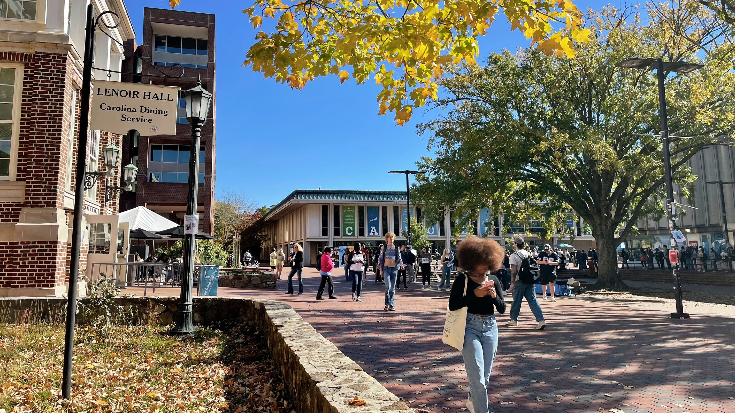 Students walk through the quad outside the student union at the University of North Carolina at Chapel Hill in October 2022.