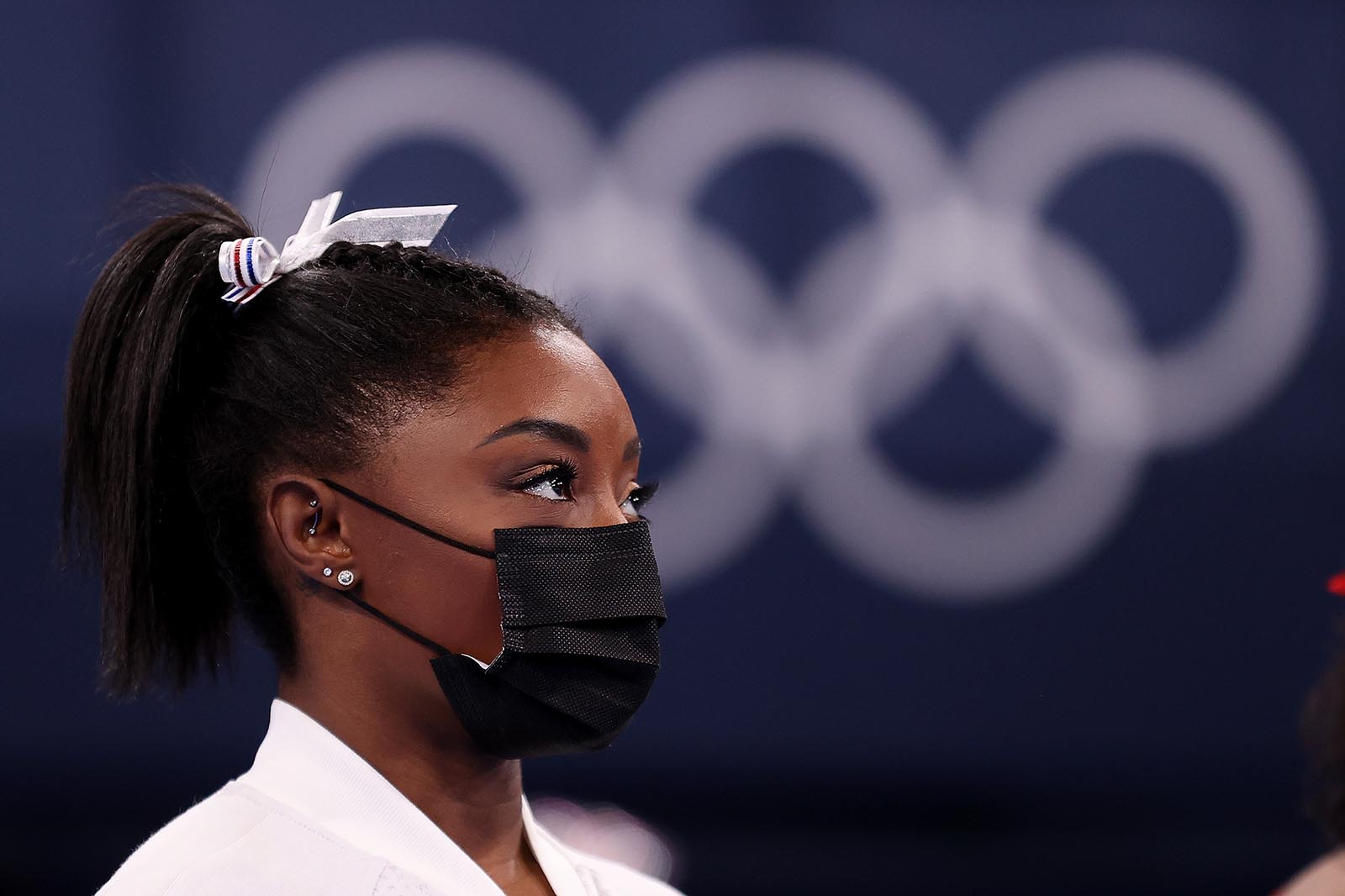 Simone Biles looks on during the Women's Team Final on July 27.